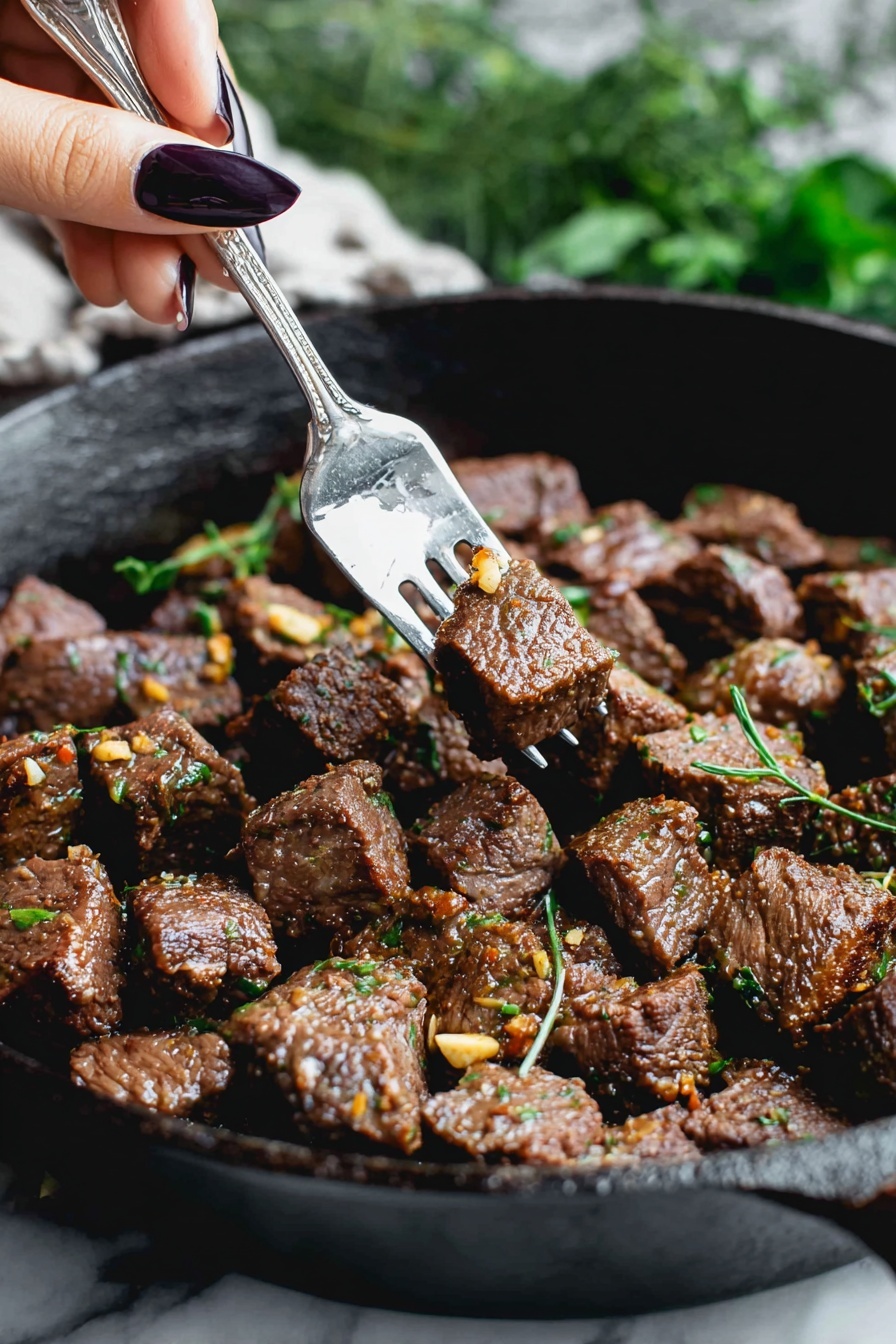 A close-up view of a black cast iron pan filled with many small pieces of cooked beef that are brown with a slightly crispy texture, scattered with small green herb bits on top and around. A woman's hand with dark polished nails is holding a shiny silver fork picking up one piece of beef from the middle of the pan. The background is softly blurred with green and dark tones, while the surface below the pan is a white marbled texture. photo taken with an iphone --ar 2:3 --v 7