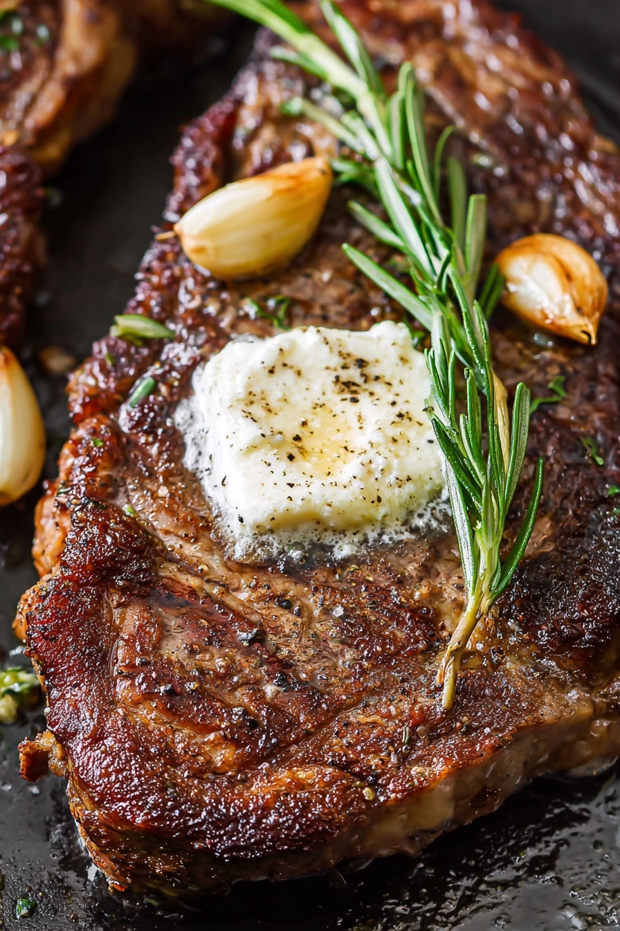The image shows six steps of cooking steak. First, two raw red steaks with white fat lines lie on a white plate with blue rings, with a woman's hand holding a paper towel near them. The second layer shows the same steaks on the white plate, now sprinkled evenly with black pepper and salt. Third, a black pan is brushed with oil by a red brush. Fourth, the two seasoned steaks are laid in the black pan, being pressed down slightly with a black spatula. Fifth, a close-up shows the steaks standing upright in the pan, being held with silver tongs as brown crust forms on the sides, with steam rising. The last image shows the cooked steaks now brown and seared, lying in the pan with rosemary sprigs and sliced garlic, while a silver spoon scoops juices from the pan. The background surface is white marble --ar 2:3 --v 7
