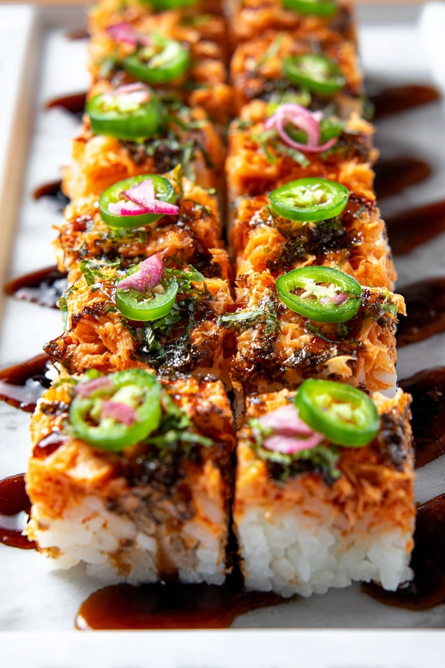 A square piece of layered sushi on a white plate with a black patterned rim sits on a white marbled surface. The sushi has three main layers: the bottom layer is white rice, the middle layer is a thin dark seaweed sheet, and the top layer is a bright orange topping, likely spicy mayo or crab mix. On top of the sushi, there are green sliced scallions, some small seaweed strips, and a dark glossy sauce drizzled over it. Around the sushi on the plate, there are scattered sesame seeds, bits of green herbs, and a small pile of light pink pickled ginger on the right side. In the background, there is a blurred second plate holding a similar sushi piece. Photo taken with an iphone --ar 2:3 --v 7