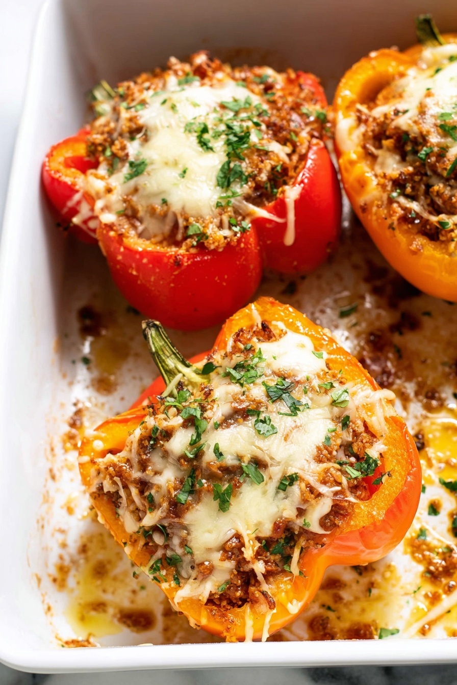 The image shows four stuffed bell peppers in a white baking dish placed on a white marbled surface. Each bell pepper half is filled with a mixture of finely chopped ingredients that include ground meat and herbs, topped with melted, slightly browned cheese. The peppers vary in color, including bright red, orange, and light green shades. The melted cheese has a creamy white color with crispy browned spots, and small chopped green herbs are sprinkled on top and around the peppers. There is some cooking juice pooling at the bottom of the dish with a golden hue. The edges of the white baking dish have bits of browned cheese and filling stuck to them. Photo taken with an iphone --ar 2:3 --v 7
