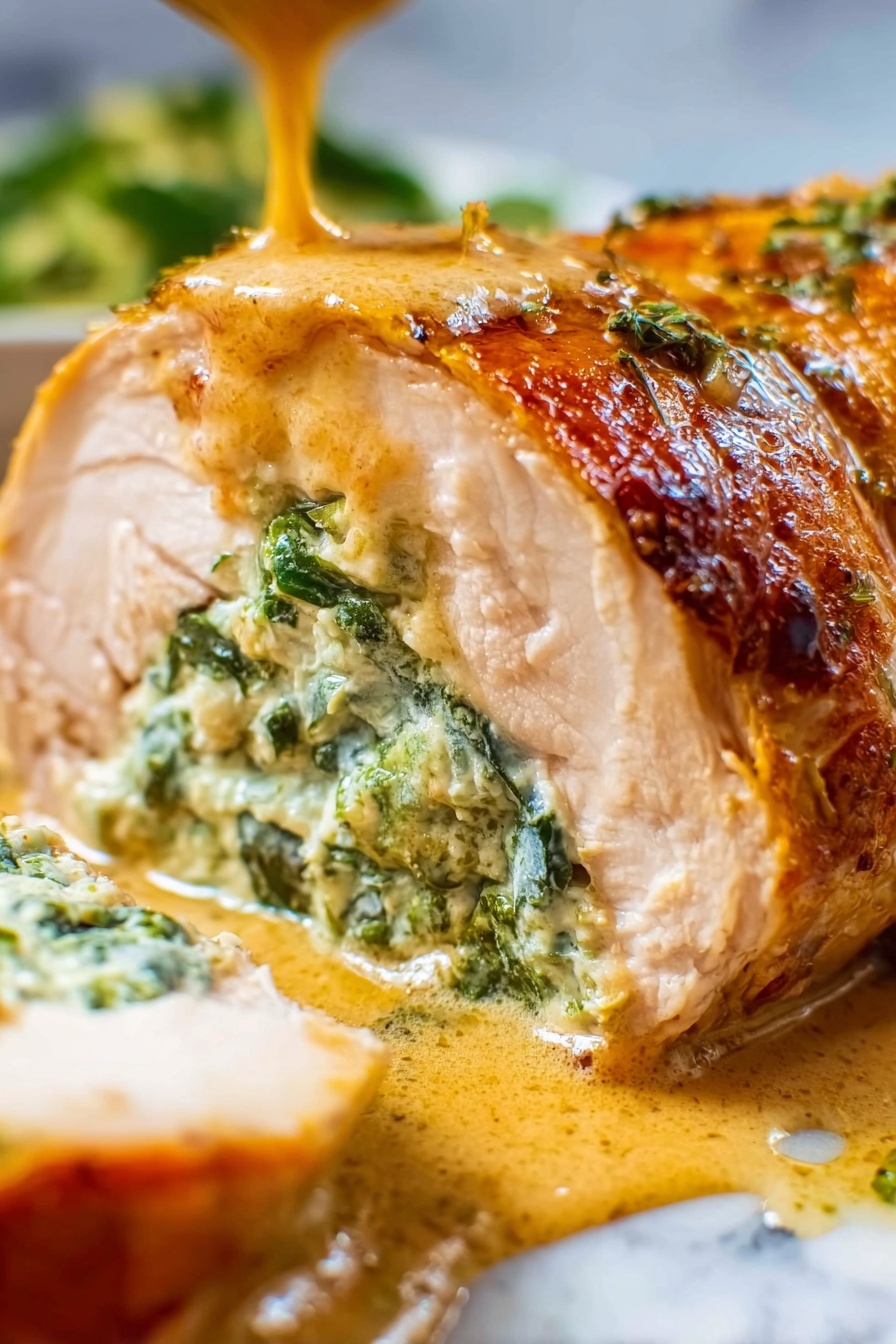 The image shows a close-up of a cooked chicken breast stuffed with a creamy green and white filling visible in the center seam. The chicken is golden brown with a shiny, slightly oily surface that glistens under the light. The filling looks soft and creamy with small fresh green herb pieces mixed in. The chicken lies in a shallow layer of brown cooking juices, on a white marbled textured background. photo taken with an iphone --ar 2:3 --v 7