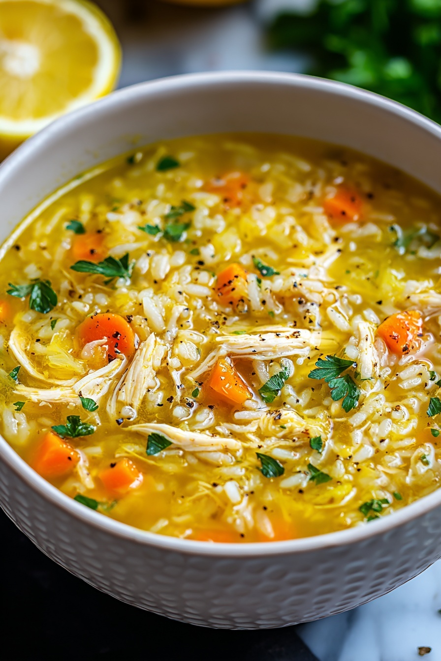 A white bowl filled with a warm soup that has clear yellow broth mixed with shredded white chicken pieces and small, soft white rice grains. The soup also has bright orange carrot chunks and small green herb leaves scattered on top, with specks of black pepper sprinkled evenly, all giving it a fresh and hearty look. The bowl sits on a white marbled surface with a blurred lemon slice and green herb in the background, adding subtle color contrast. Photo taken with an iphone --ar 2:3 --v 7