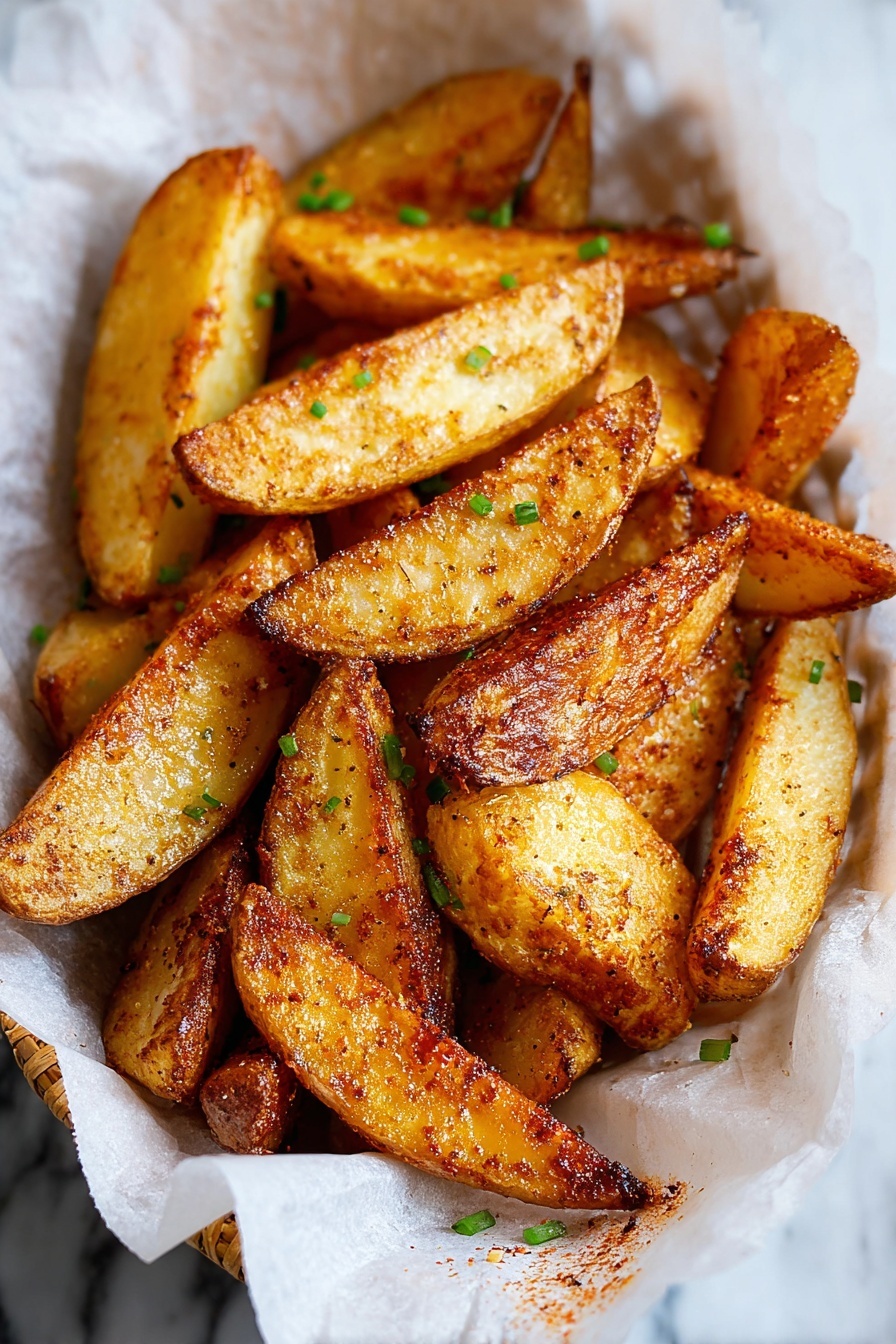 The image shows a pile of golden-brown potato wedges with a crispy texture, lightly sprinkled with small green chives. The wedges are irregular in shape with a mix of thicker and thinner pieces, some showing slightly darker edges. They rest on a layer of white parchment paper that has some spots of seasoning oil, placed inside a round basket with a woven texture partially visible. The background is a white marbled surface. photo taken with an iphone --ar 2:3 --v 7