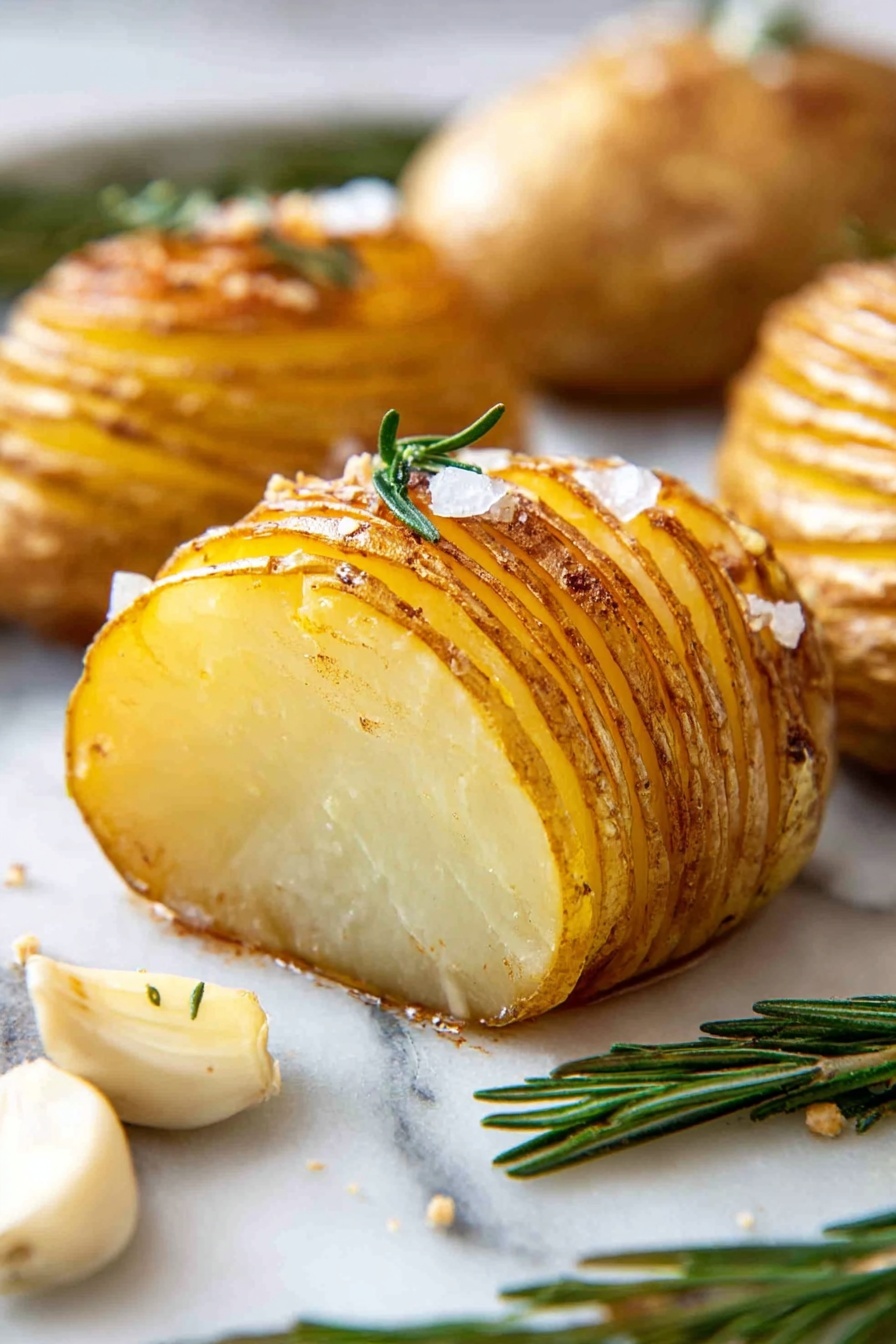 The image shows several golden brown sliced potatoes with crispy skin on a white marbled surface. The potato in the center is cut in half, revealing a smooth, soft pale yellow inside with a shiny texture from the butter or oil. Each potato is made up of many thin, accordion-like layers stacked tightly, with some rosemary sprigs placed on and around the potatoes for garnish. Small coarse salt flakes are sprinkled on the top layer, giving a crunchy texture, and a few light-colored cloves of garlic are scattered near the potatoes. There is a warm and inviting look from the baked golden layers contrasting with the soft inside photo taken with an iphone --ar 2:3 --v 7
