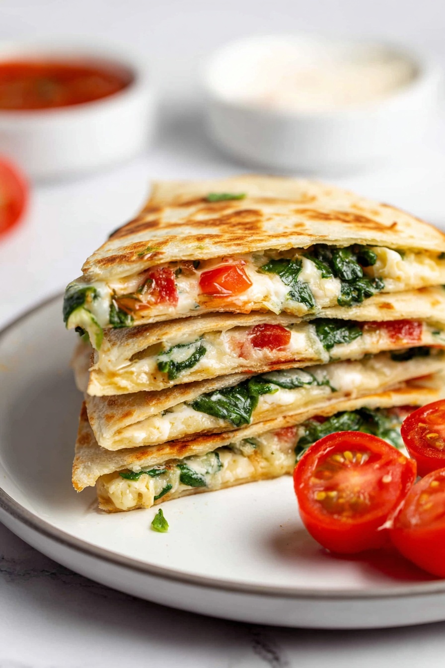 A stack of four quartered quesadillas sits on a white plate, each layer showing a golden lightly toasted outer shell. Inside each quesadilla layer are visible fillings of melted yellow cheese, fresh green spinach leaves, and small red tomato pieces, giving a mix of creamy, leafy, and fresh textures. The quesadillas are arranged in a slightly uneven tower with a few halved fresh red cherry tomatoes placed next to the plate for color. The background is a white marbled texture, with a blurred bowl of red sauce and white creamy dip behind the plate. Photo taken with an iphone --ar 2:3 --v 7