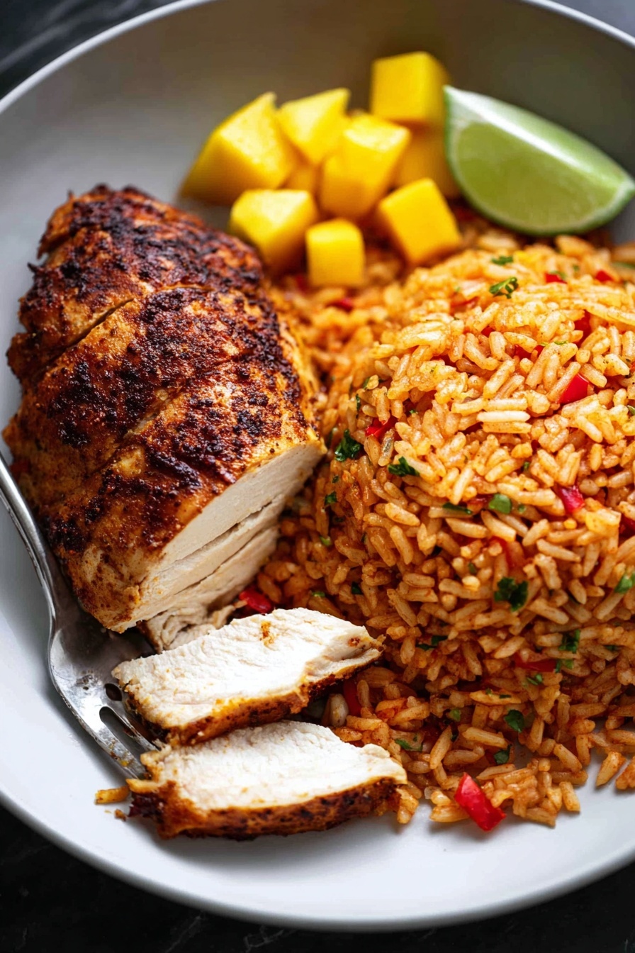 The image shows a close-up of a black bowl filled with two main layers: on the right side, a generous serving of reddish-brown rice mixed with small pieces of red pepper, and on the left side, a well-spiced, grilled piece of chicken with visible dark brown and black grill marks, sliced to reveal the white, tender inside. Small cubes of yellow fruit and a wedge of light green lime are placed near the chicken, adding bright color. A silver fork rests on the edge of the bowl. The background is a white marbled texture photo taken with an iphone --ar 2:3 --v 7