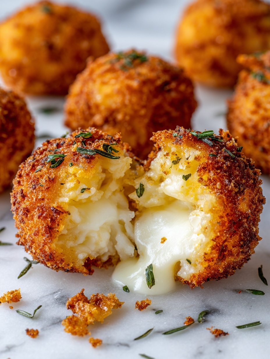 A golden crispy ball is broken open, showing a soft and creamy white inside with melted cheese in the center, placed on a piece of white paper on a white marbled surface. The outer layer is crunchy and textured with small herbs sprinkled on top, and the inner layer is smooth and soft with some small bits mixed in. Photo taken with an iphone --ar 2:3 --v 7