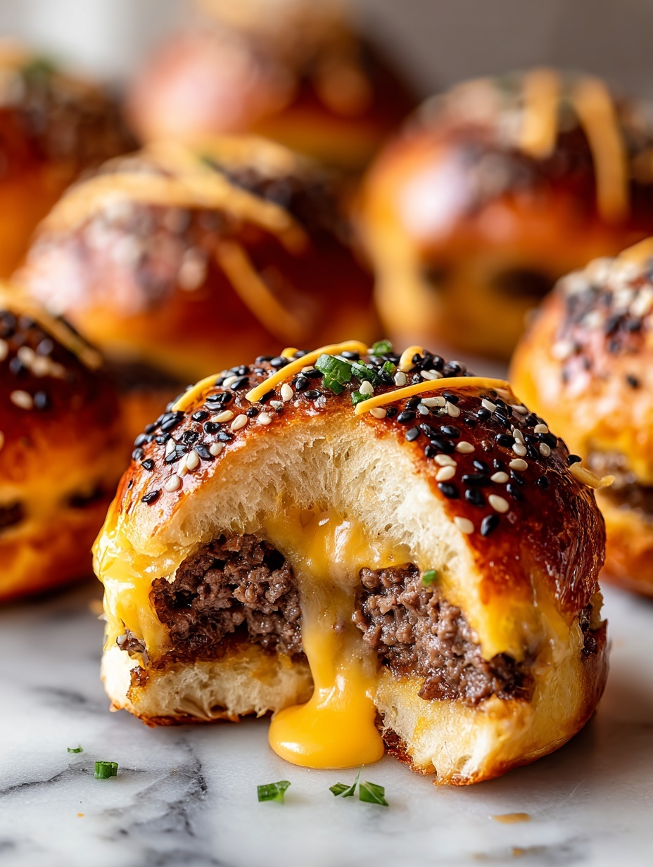 The image shows small slider burgers with shiny, golden-brown buns topped with white sesame seeds and green herbs. Each bun has three layers: the top bun is smooth and glossy, the middle layer is melted bright yellow cheese flowing over a dark brown, juicy meat patty, and the bottom bun is slightly lighter and soft. One slider is held by a woman’s hand and is opened to show a thick layer of cooked ground meat with melted cheese filling inside the bun. The sliders are placed closely together on a white round plate, resting on a white marbled surface. photo taken with an iphone --ar 2:3 --v 7