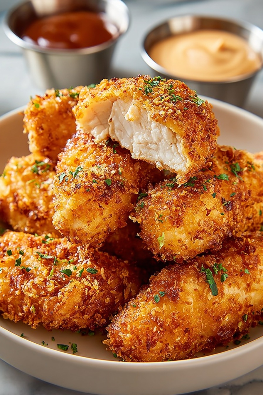 A white plate holds a stack of eight golden brown fried chicken pieces with a crispy, crunchy texture, each sprinkled with small green onion bits. One piece is broken open, showing tender white meat inside with a crunchy outer layer. Behind the plate, there are two small metal cups, one with a creamy yellow sauce and the other with a reddish-brown sauce, placed on a white marbled surface. The lighting highlights the crunchy texture and warm colors of the chicken. Photo taken with an iphone --ar 2:3 --v 7