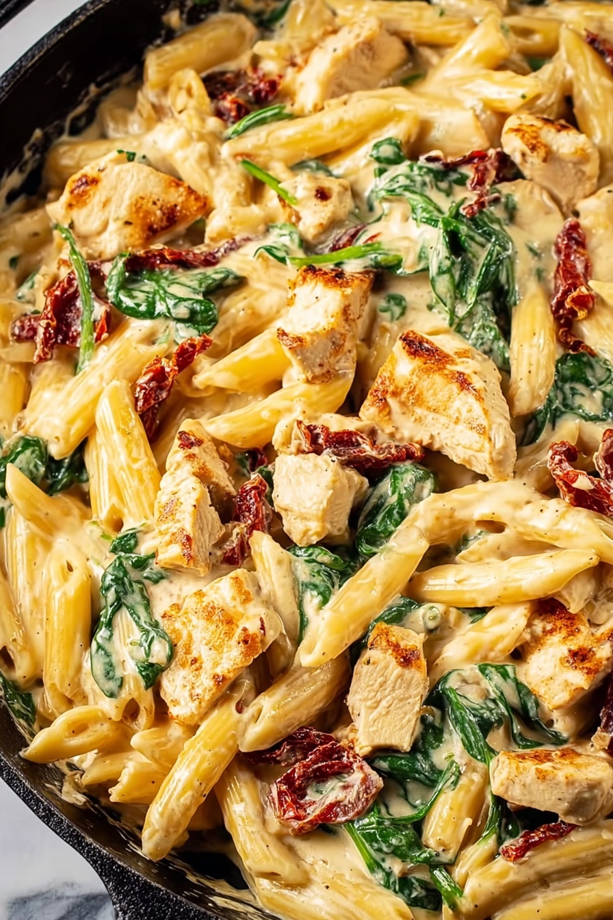 A white bowl filled with three layers of pasta penne, chunks of cooked chicken pieces, and wilted spinach leaves mixed with creamy sauce. The pasta is pale yellow, the chicken pieces are light brown with a slightly crispy texture, and the spinach is dark green. Sun-dried tomatoes add dark reddish-brown spots distributed throughout the pasta. Chopped fresh green herbs are sprinkled on top. A silver fork rests inside the bowl on the left side. In the background, a bunch of fresh green parsley and a small white bowl with chopped herbs sit on a white marbled surface covered partly by a white cloth with blue floral prints. Photo taken with an iphone --ar 2:3 --v 7
