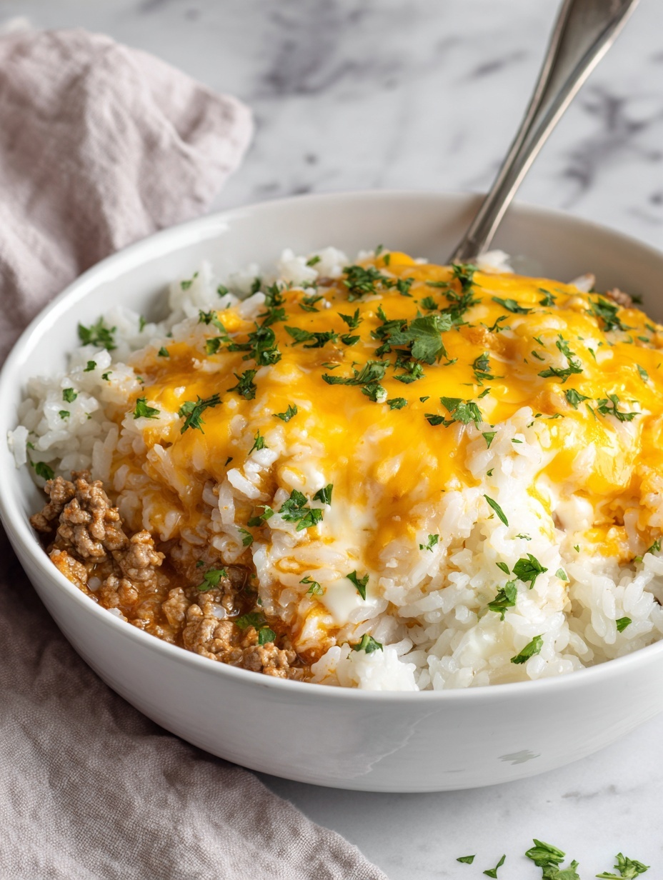 The dish in a white bowl shows a mix of two main layers: at the bottom, a layer of cooked light brown ground meat mixed with white rice grains, and on top, a melted layer of bright orange cheddar cheese with a glossy texture. Scattered evenly over the top are fresh green chopped herbs adding pops of color. The bowl rests on a white marbled surface next to a beige cloth, with two gold spoons placed in the upper left corner. The photo taken with an iphone --ar 2:3 --v 7