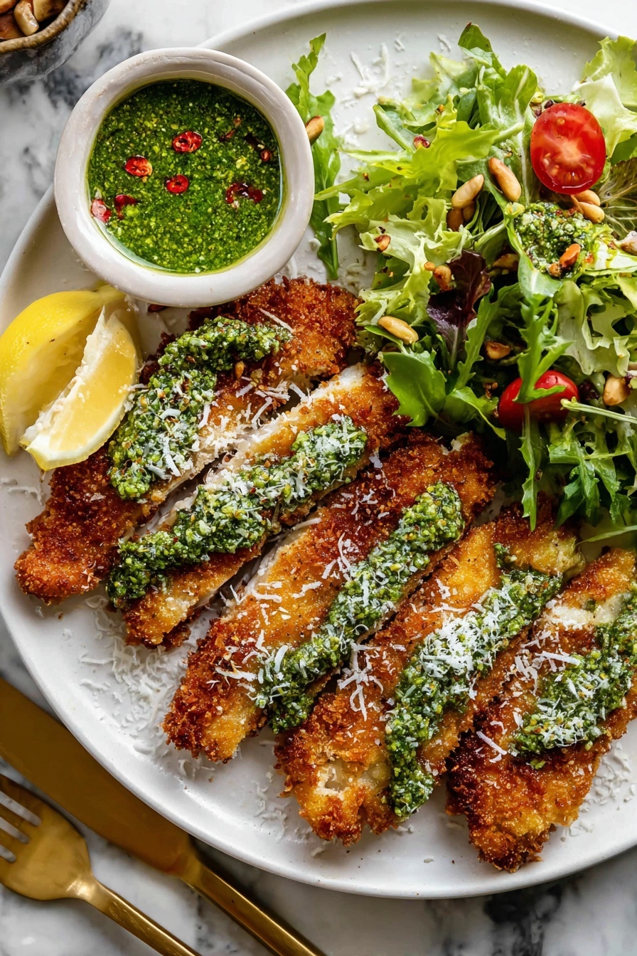 A white speckled plate shows five golden brown crispy strips of fried food, topped with green herb sauce and sprinkled with white cheese bits and small green herb pieces. To the right of the strips is a green salad with leafy lettuce, cherry tomato halves, and pine nuts. Top left corner of the plate has a small white bowl filled with thick green herb sauce with chili flakes on top. Two wedges of lemon are placed on the lower left side of the plate next to some spilled herb sauce. The plate is set on a white marbled surface with a striped cloth and gold chopsticks at the bottom left corner. Photo taken with an iphone --ar 2:3 --v 7