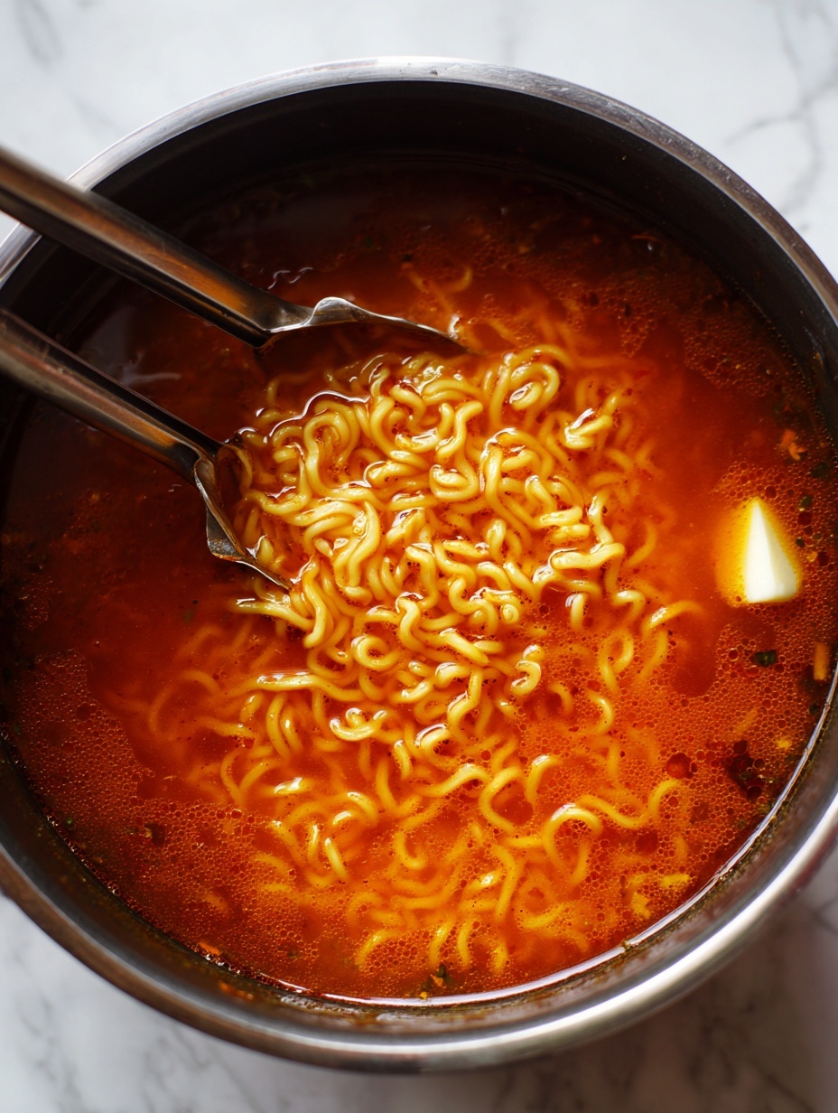 A close-up view of wavy, cooked instant noodles in a round cooking pot filled with reddish-orange broth. The noodles appear soft with a curly texture as they lift from the pot with metal tongs held by a woman's hand. The pot rests on a white marbled surface with white hexagonal tiles partially visible. The broth looks slightly oily and warm, creating a rich, appetizing scene. photo taken with an iphone --ar 2:3 --v 7