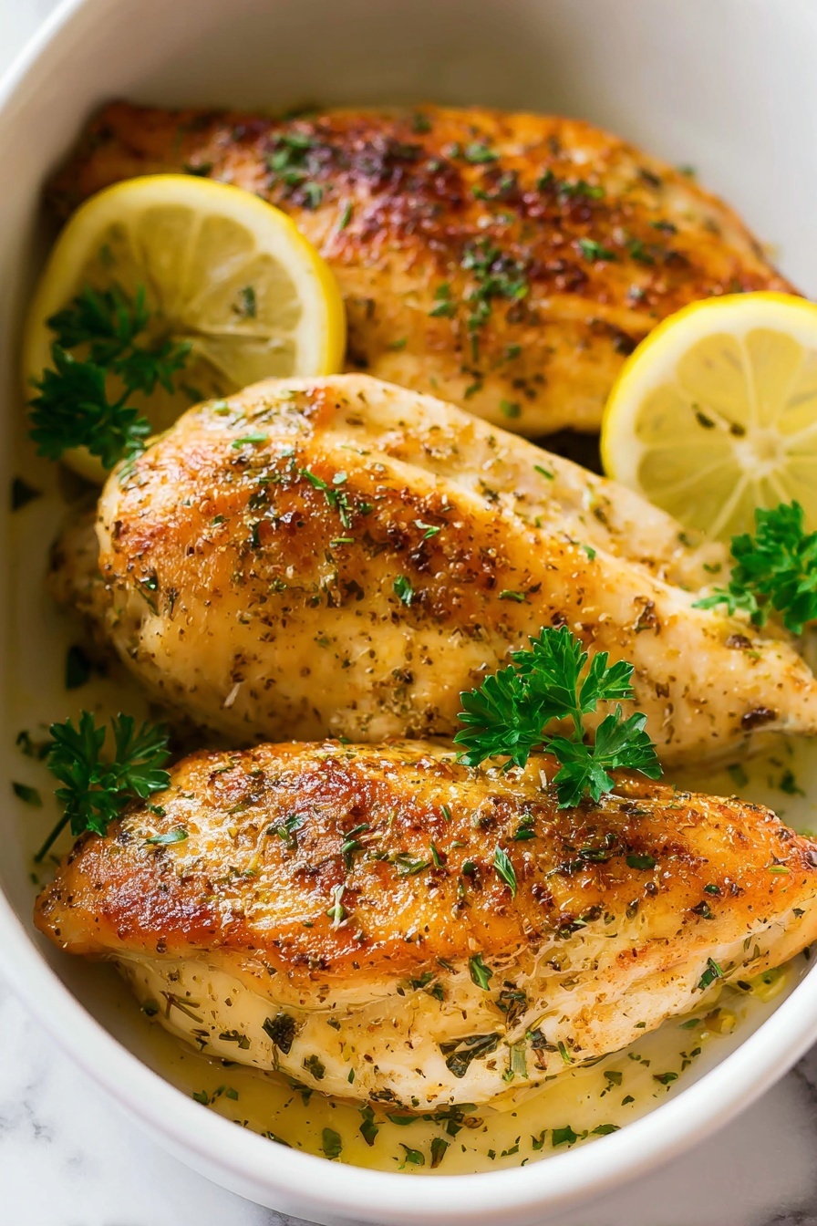 The image shows three golden-brown cooked chicken pieces in a white dish, each piece topped with small green parsley leaves and sprinkled with herbs and spices. Between the chicken pieces, there are thin yellow lemon slices slightly visible at the edges. The chicken pieces have a moist, slightly shiny texture from cooking, with crispy edges that show some browning. The background has a white marbled texture. photo taken with an iphone --ar 2:3 --v 7