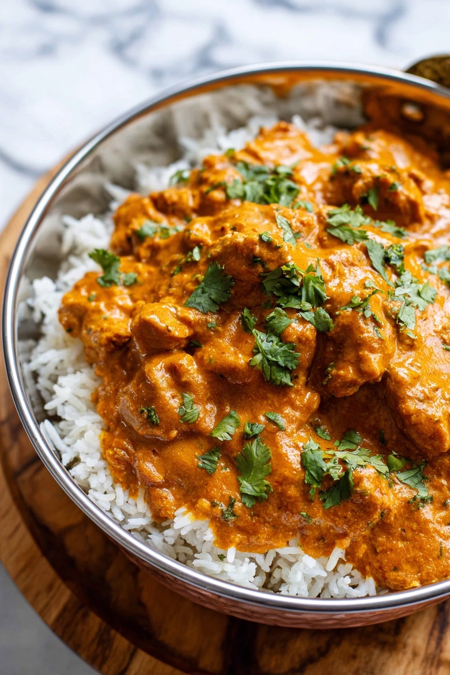 A round white bowl filled with two layers: the bottom layer is soft white rice, and the top layer is thick orange curry with chunks of meat. The curry has a creamy texture and is sprinkled with bright green chopped herbs on top. The bowl is placed on a wooden surface. Photo taken with an iphone --ar 2:3 --v 7