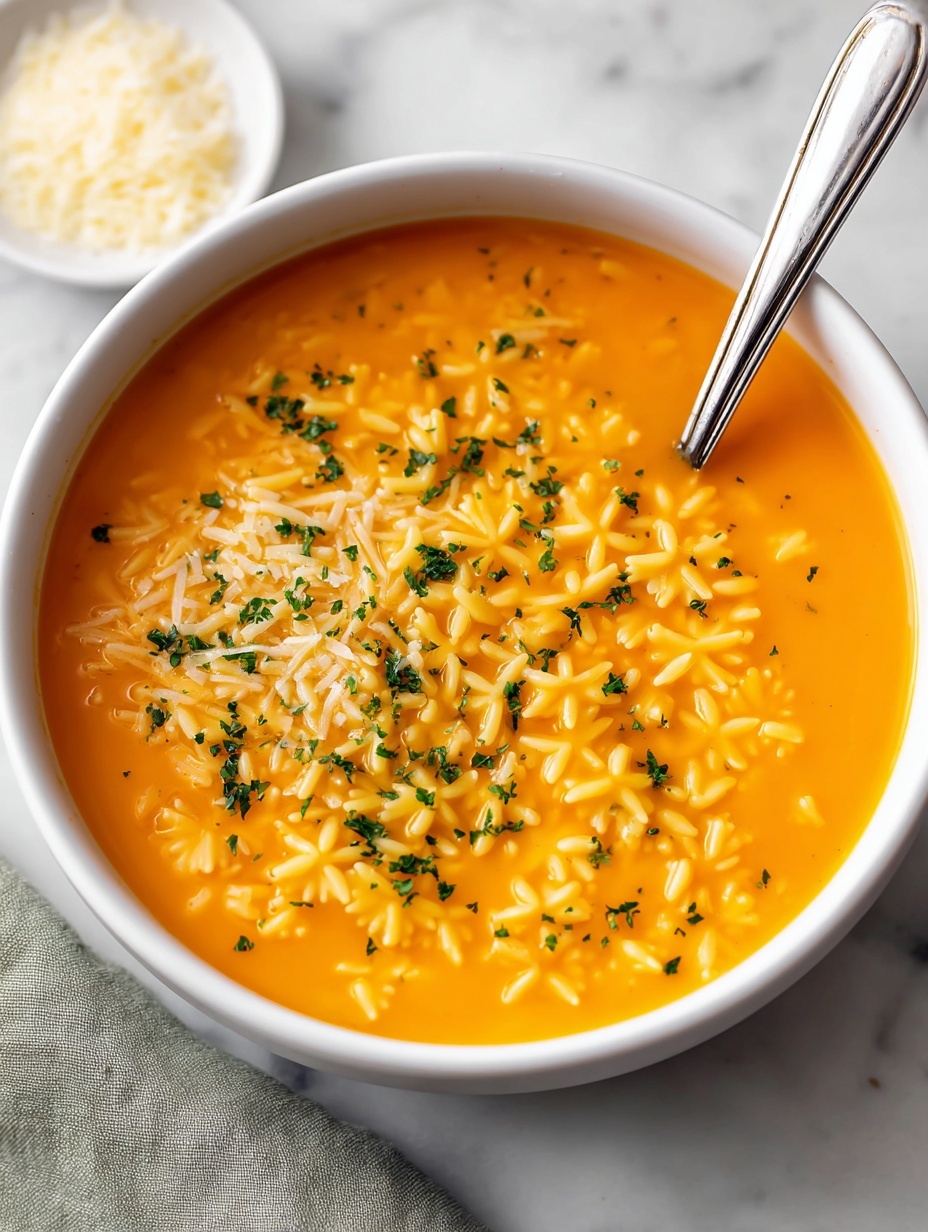 Two white bowls with simple blue grid lines are filled with orange soup that has small round pasta and a smooth texture. On top of the soup, there is a light sprinkle of grated cheese and green chopped herbs. One bowl holds a spoon with a white handle resting inside, lifting some pasta and soup. The bowls sit on a white marbled surface, and a small white bowl of extra grated cheese is nearby. Photo taken with an iphone --ar 2:3 --v 7