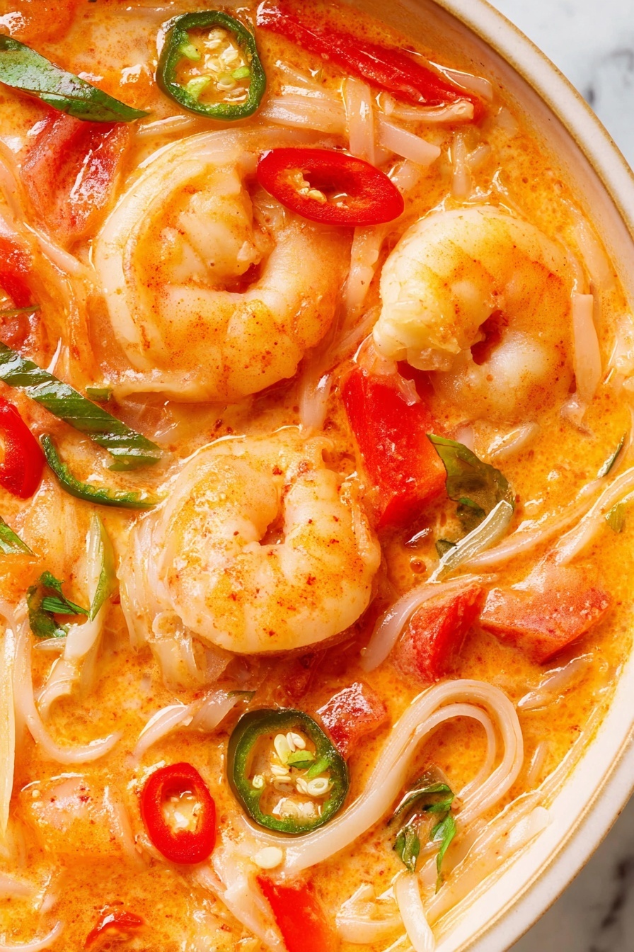 A close-up view of a bowl filled with a creamy orange soup, featuring three large cooked shrimp with light orange shells and tails visible. The soup has white noodle strands submerged partly in the broth, with chopped red bell pepper pieces and small slices of green chili pepper scattered throughout. Small green herb leaves float on the surface, adding a fresh touch. The bowl is white, and the background shows a white marbled texture. photo taken with an iphone --ar 2:3 --v 7