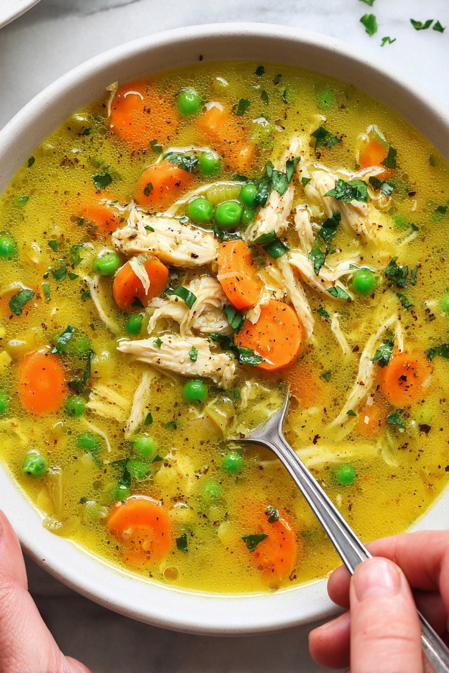 A close-up of a white bowl filled with yellow broth chicken soup, showing three layers of ingredients: bright orange carrot slices, green peas, and shredded light yellow chicken mixed with pieces of green celery and herbs sprinkled throughout. A silver spoon is partially dipped on the right side into the soup, held by a woman's hand with light skin. The bowl sits on a white marbled surface with a slight blur of another white plate in the top left corner. photo taken with an iphone --ar 2:3 --v 7