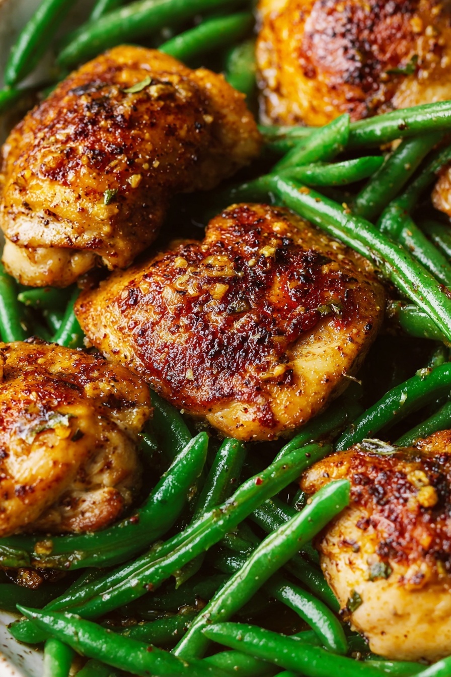 The image shows a close-up of several browned chicken pieces placed on and between bright green green beans. The chicken pieces have a crispy, golden-brown skin with a slightly shiny, oily texture and small bits of seasoning and garlic. The green beans are long and firm, with a fresh, glossy finish, forming a green bed under and around the chicken. The dish sits atop a white marbled surface. Photo taken with an iphone --ar 2:3 --v 7