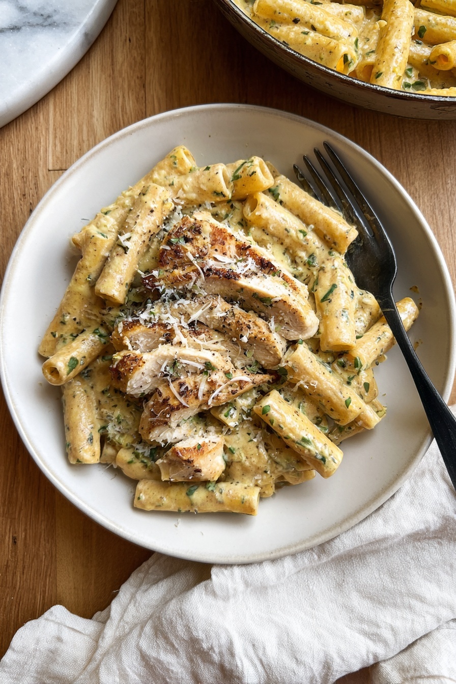 A white bowl filled with creamy penne pasta mixed with pieces of browned chicken, all coated in a light beige sauce speckled with small green herb bits. The pasta and chicken are evenly mixed, with some finely grated white cheese sprinkled on top along with black pepper. A black fork rests on the right side of the bowl. In the background, part of a stainless steel pan with more of the same pasta sits on a wood surface next to a white cloth. The scene is set on a white marbled textured background. photo taken with an iphone --ar 2:3 --v 7