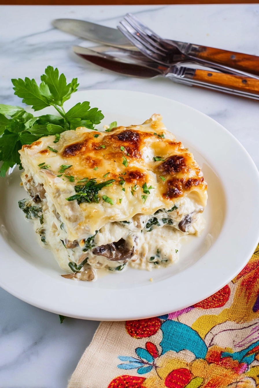 A white plate holds a square piece of creamy lasagna with four visible layers. The top layer is golden brown and melted cheese with small green herb bits. Below that, there are layers of white sauce, pasta sheets, dark mushroom pieces, and green spinach leaves mixed with creamy white cheese. To the side of the lasagna, there are fresh green parsley leaves. The plate sits on a wooden table next to a fork on a colorful patterned napkin, with blurred glasses and stacked white plates in the background. Photo taken with an iphone --ar 2:3 --v 7