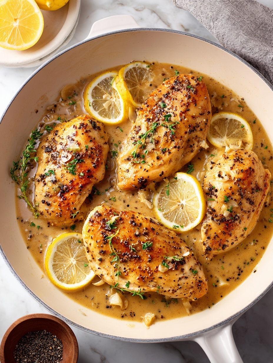 A white round pan contains four cooked chicken fillets with a golden brown color and a slightly charred texture on top. The chicken is covered with small bits of garlic and black pepper, creating a speckled look. There are thin, half-moon lemon slices placed on and around the chicken. The pan has a light brown sauce covering the bottom, giving a glossy, moist look to the dish. The scene is set on a white marbled surface with small lemon wedges and a pepper container partially visible near the top edge. photo taken with an iphone --ar 2:3 --v 7