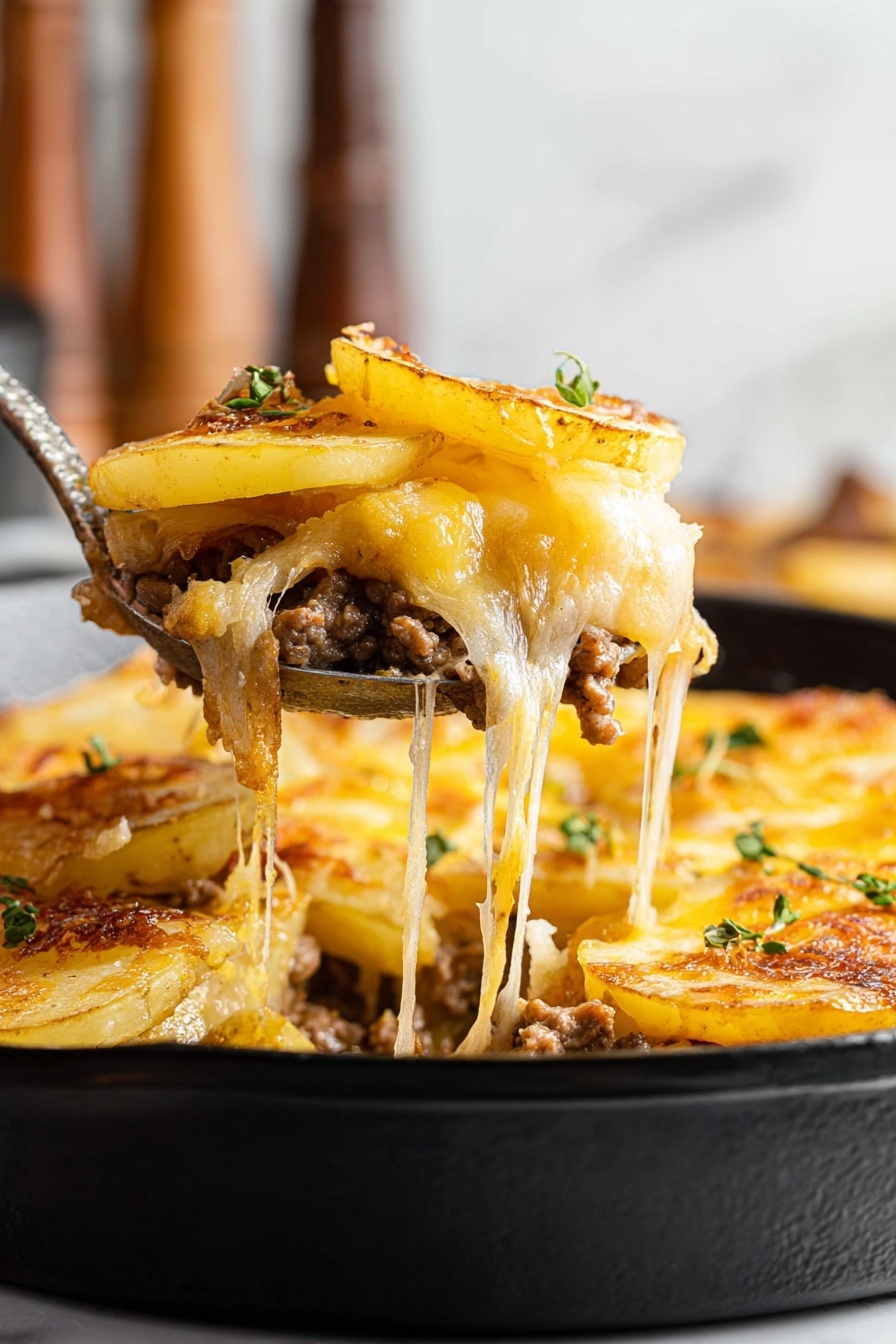 The image shows a close-up of a thick spoon lifting a serving of a baked dish from a black cast iron pan. The dish has several layers visible on the spoon: the top layer is golden to light brown, crispy fried onion strands, beneath that are soft, round slices of pale yellow potatoes, and below them is a rich layer of melted cheese stretching in long strings. At the bottom is a layer of browned, cooked ground meat mixed with creamy sauce. The background is a white marbled texture with blurred kitchen items. Photo taken with an iphone --ar 2:3 --v 7
