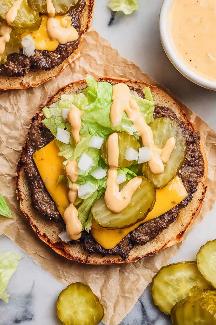 The image shows an open burger placed on a white marbled surface. The bottom bun is golden brown and slightly toasted. On top sits a cooked dark brown beef patty with a slice of melted bright orange cheddar cheese. Over the cheese are a few green lettuce shreds and three green pickle slices laid side by side. White chopped onions are scattered over the pickles and lettuce. Light orange creamy sauce is drizzled in thick lines across the whole top. Part of the top bun is visible at the edge along with some more pickle slices scattered nearby. A white bowl with extra sauce is also partially visible on the right side. Photo taken with an iphone --ar 2:3 --v 7