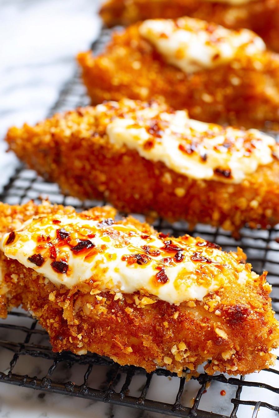 The image shows crispy fried chicken pieces with a golden brown crunchy coating as the bottom layer. On top, there is a thick layer of white creamy cheese spread evenly across each piece. This cheese layer is drizzled with a shiny, reddish oil sauce that has tiny chili flakes mixed in, adding bright spots of red and orange. The chicken is placed on a black metal cooling rack. The background is a white marbled surface. photo taken with an iphone --ar 2:3 --v 7
