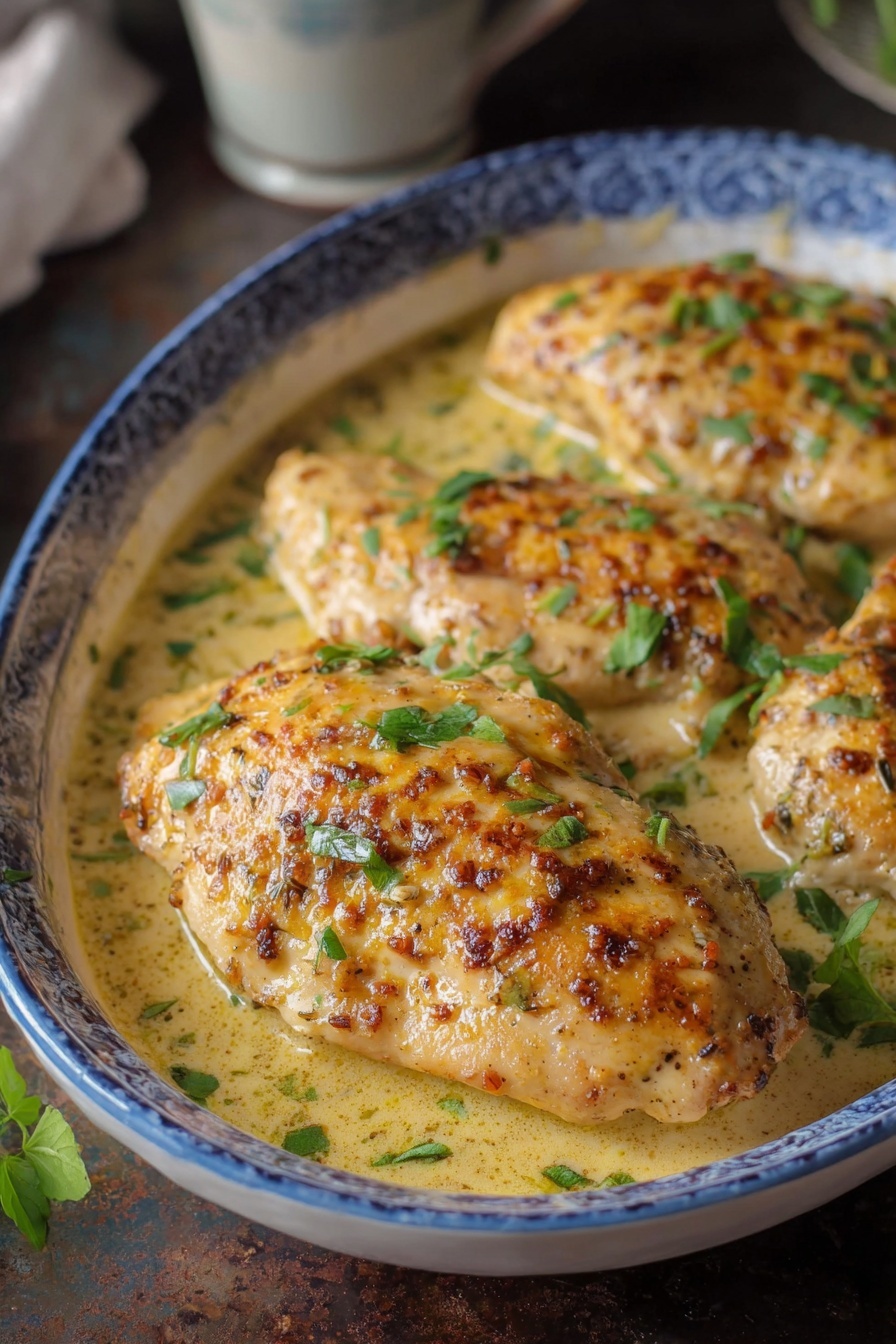The image shows three large, golden-brown baked chicken pieces in a white oval dish with a blue patterned edge. Each chicken piece has a bubbly, crispy, light brown top layer from baking, covered with melted cheese and kind of creamy sauce pooled around them. Fresh chopped green herbs are sprinkled evenly across the chicken for color contrast. The dish sits on a dark surface with a soft blur background, highlighting the hot and creamy chicken. Photo taken with an iphone --ar 2:3 --v 7