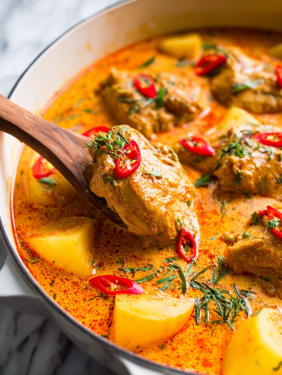 A white bowl filled with two main layers, with the right half showing plain white rice topped with a small bright green cilantro leaf, and the left half containing creamy orange curry with chunks of chicken, red bell pepper strips, and scattered green herbs, all placed on a white marbled surface with some cilantro leaves beside it. photo taken with an iphone --ar 2:3 --v 7