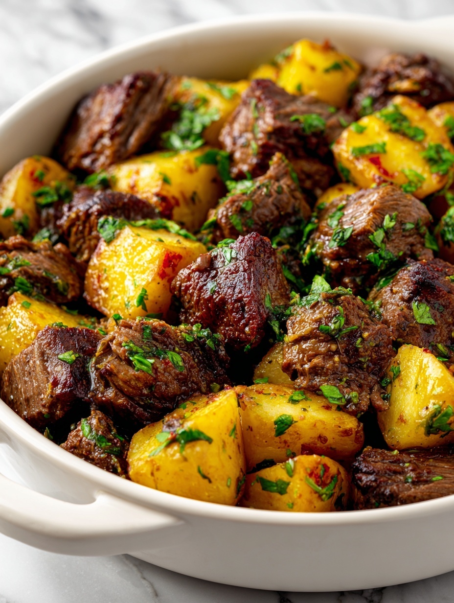 A white bowl with a layer of smooth, creamy mashed potatoes forming a ring around the edge, creating a well in the center. Inside the well are small pieces of dark brown cooked meat, topped with chopped green herbs mixed with garlic and drizzled with golden oil. The top is lightly sprinkled with grated white cheese. The dish rests on a white marbled surface with fresh green parsley on the left and whole garlic bulbs in the back, alongside a glass dish with a yellow block of butter on the right. photo taken with an iphone --ar 2:3 --v 7