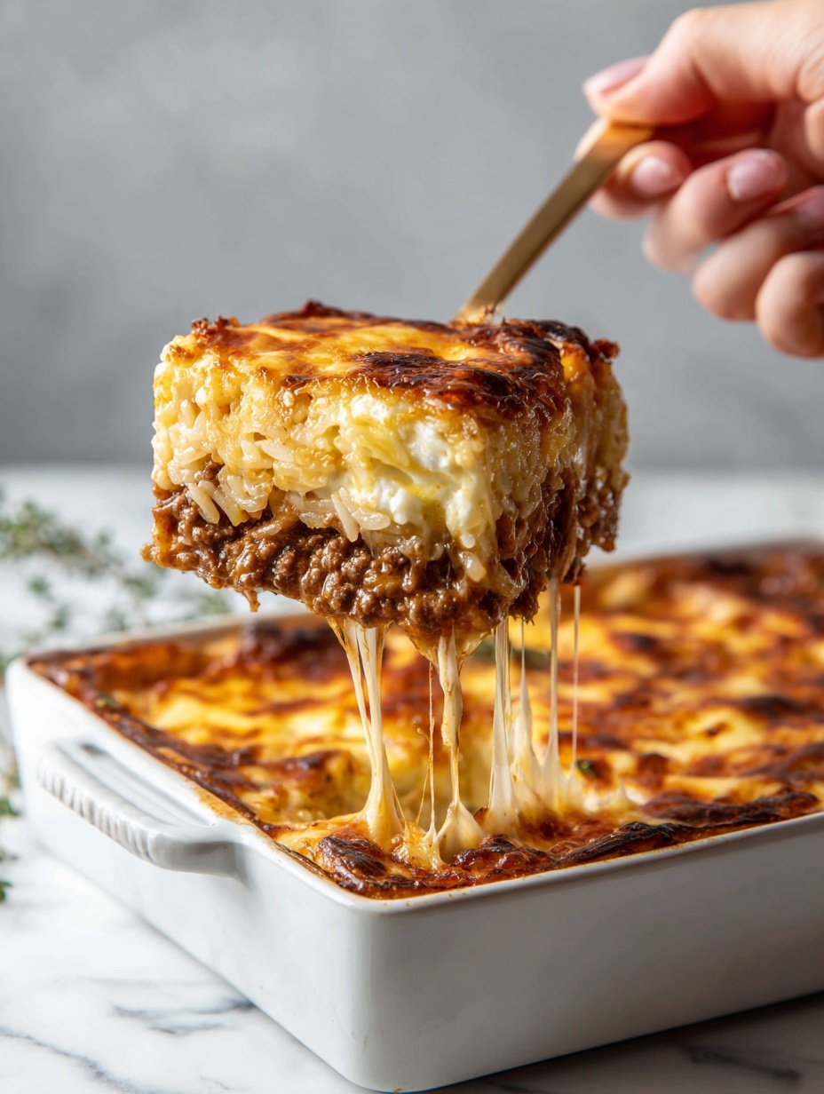 A white rectangular dish holds a layered casserole with a golden-brown cheese crust on top. The top layer is melted cheese with parts browned and bubbly. Below this is a thick, creamy layer mixed with browned ground meat, visible as a chunky middle layer. The base layer is creamy and slightly saucy, blending smoothly with the ground meat layer above it. A woman's hand is lifting a forkful of the casserole, showing the stretch of melted cheese and the mix of creamy and meaty textures. The background is a white marbled surface. photo taken with an iphone --ar 2:3 --v 7