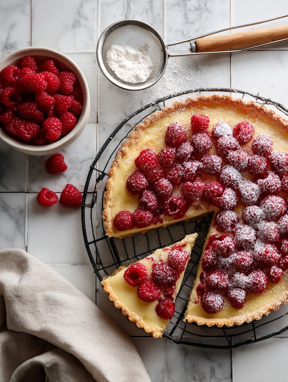 The image shows a round tart with one slice removed, placed on a black wire cooling rack over a white marbled tiled surface. The tart has a golden-brown crust and is topped with a thick layer of bright red raspberries, dusted lightly with powdered sugar. Two slices from the tart are set on white plates with a scalloped brown edge, each slice topped with the same red raspberries and powdered sugar. There are extra raspberries scattered on the surface nearby, along with a metal sieve with a wooden handle filled with powdered sugar. A white pitcher with speckled texture is visible in the top left corner. photo taken with an iphone --ar 2:3 --v 7