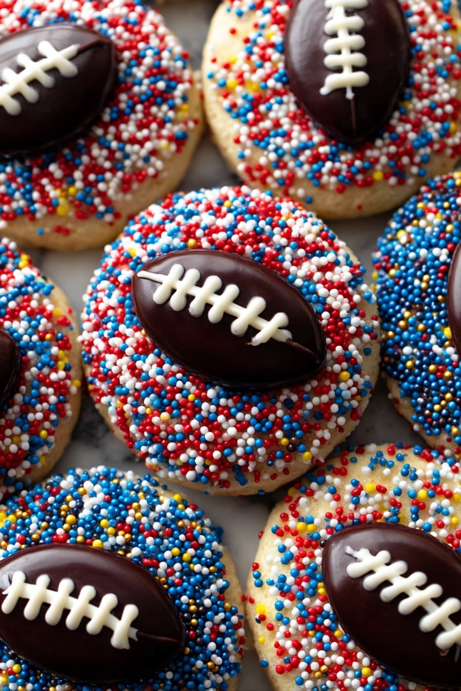 The image shows small round cookies covered with layers of tiny sprinkles in red, white, blue, and yellow colors. On top of each cookie, there is a dark brown oval chocolate shaped like a football, with white icing lines resembling football stitches running across the center. The cookies have a textured, sugary surface under the sprinkles, giving a colorful, festive look. They are placed close together on a white marbled surface, filling the frame with bright colors and details. photo taken with an iphone --ar 2:3 --v 7
