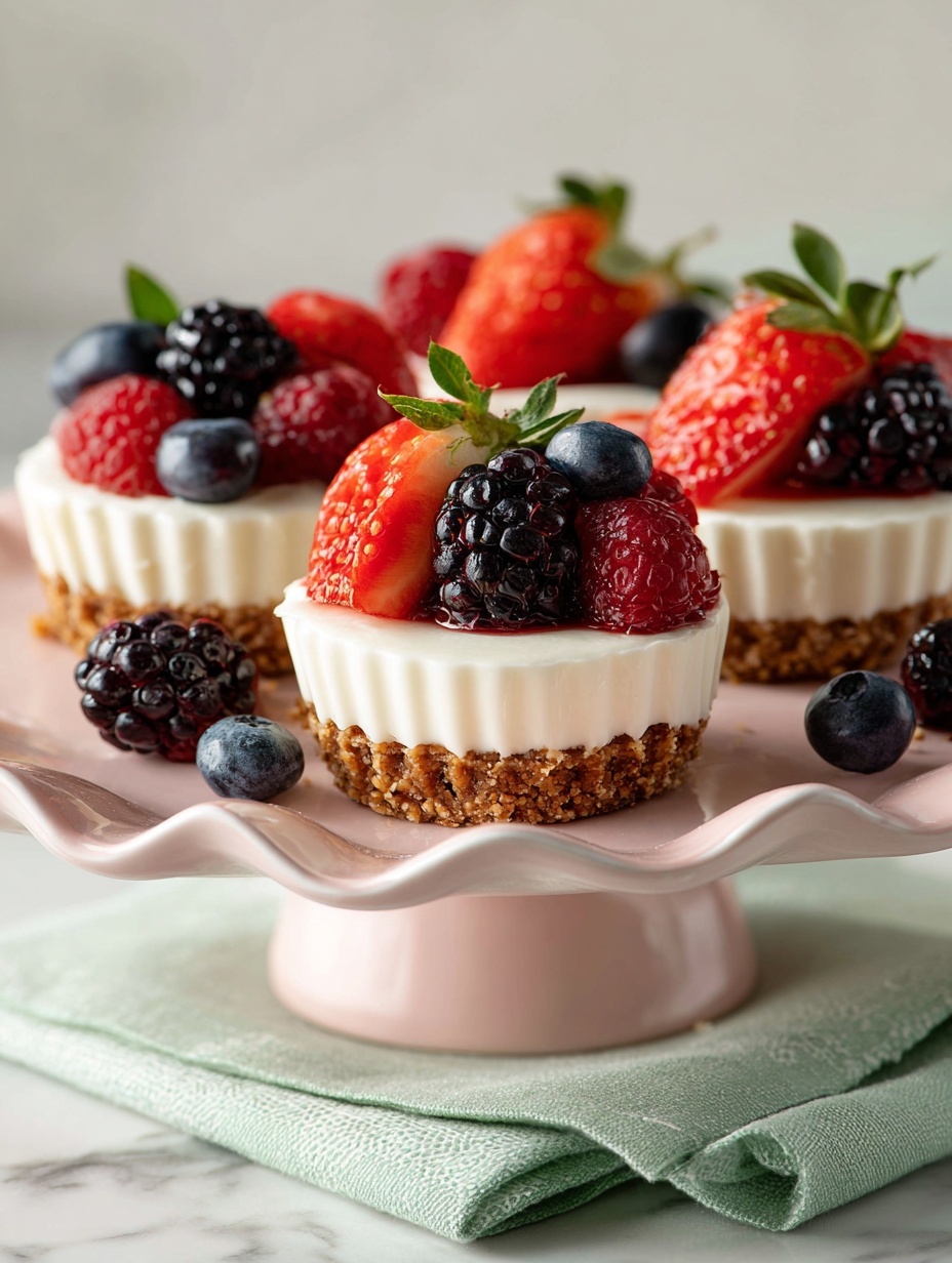 The image shows four small fruit tarts placed on a pink cake stand. Each tart has three layers: the bottom layer is a crumbly light brown crust, the middle layer is thick white cream with a textured edge, and the top layer is a mix of fresh red strawberries, dark purple blackberries, and small blue blueberries arranged closely together. The cake stand sits on a light green cloth, and the background features a white marbled texture. photo taken with an iphone --ar 2:3 --v 7