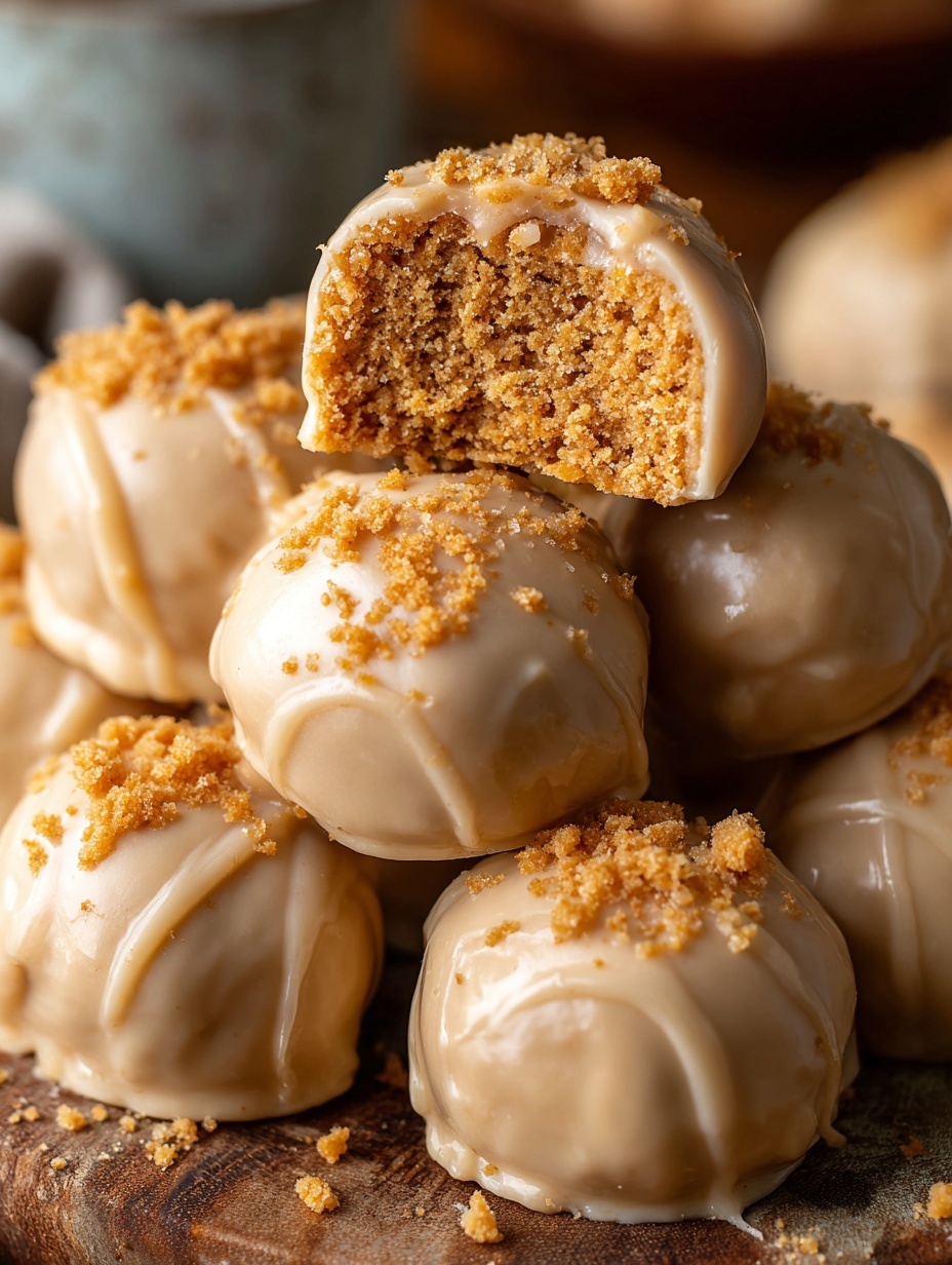 The image shows a close-up of several round truffles stacked on a white marbled surface. Each truffle has a smooth and shiny caramel-colored coating with a slightly glossy texture. The top truffle is bitten, revealing a dense, crumbly inside with a light brown color and a granular texture. The truffles below have drizzled caramel coating with small bits on the surface, adding a rough texture contrast. The overall look is rich and chewy with warm tones. photo taken with an iphone --ar 2:3 --v 7