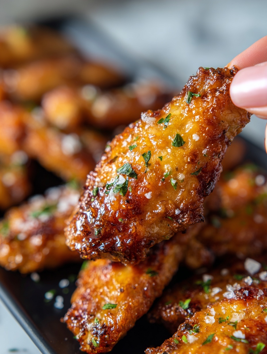 A close-up view of crispy fried chicken wings shows a golden brown, crunchy outer layer with a shiny coating of melted butter, sprinkled with small green herbs and coarse white salt. There is one chicken wing held delicately between a woman's thumb and index finger in the foreground. More pieces of fried chicken wings fill the blurred black tray in the background, displaying the same golden, textured surface. The photo has a warm, appetizing look, placed on a white marbled texture. photo taken with an iphone --ar 2:3 --v 7