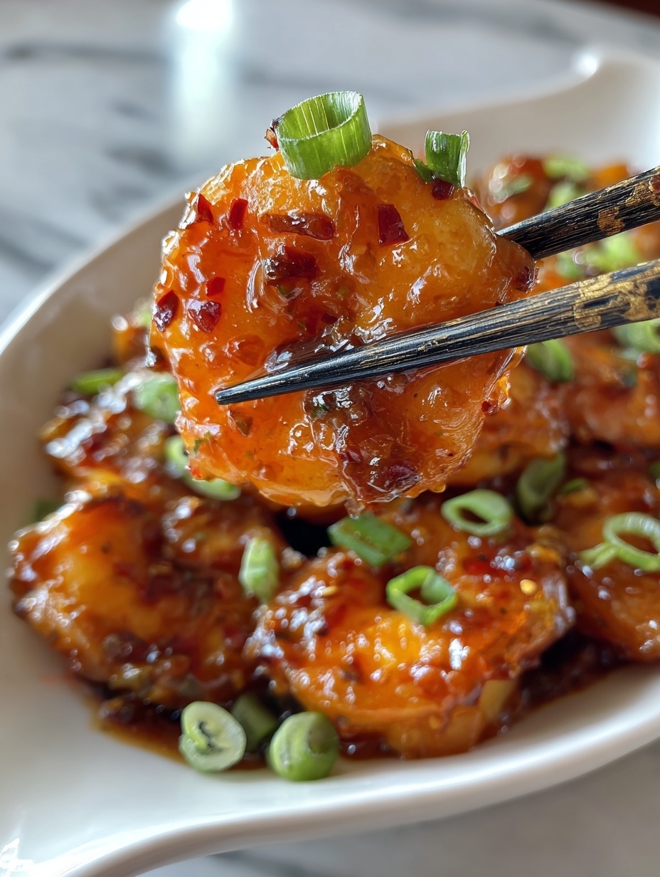 A close-up view showing black chopsticks holding one orange shrimp coated in a thick, glossy sauce with small red flecks, garnished with thinly sliced green onions. Below, there is a white plate with a blue design holding several more shrimp covered in the same sauce and green onion pieces. The background is a white marbled texture. The photo taken with an iphone --ar 2:3 --v 7
