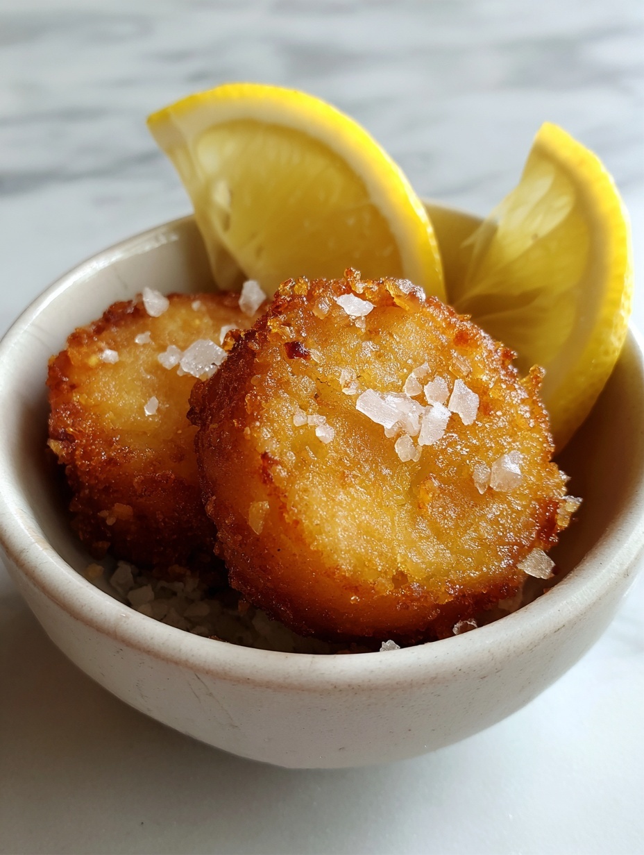A close-up image shows a single round, golden-brown fried nugget with a crispy, textured surface dipped halfway into a shiny metal cup filled with white creamy sauce that has black pepper sprinkled on top. Behind the cup, there are bright yellow lemon wedges on a white marbled surface. Around the cup, more fried nuggets with the same crunchy texture are partially visible. The colors are warm and inviting with a focus on the nugget and sauce. photo taken with an iphone --ar 2:3 --v 7