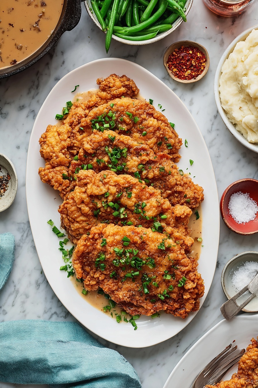 The image shows a white oval plate with three pieces of fried chicken stacked slightly unevenly, each piece covered with a golden-brown, textured, crispy crust sprinkled with small green parsley leaves. Around the plate, the setting includes a black cast iron skillet partially filled with creamy white gravy in the top left corner, small white bowls with coarse salt and cracked black pepper just above the plate, a bowl of fresh green beans at the upper right, and a bowl with white mashed cauliflower at the middle right. The surface is a white marbled texture visible beneath and around the dishes. There is also a white plate with two silver forks at the bottom right edge and a soft light blue cloth partially visible at the bottom left. Photo taken with an iphone --ar 2:3 --v 7