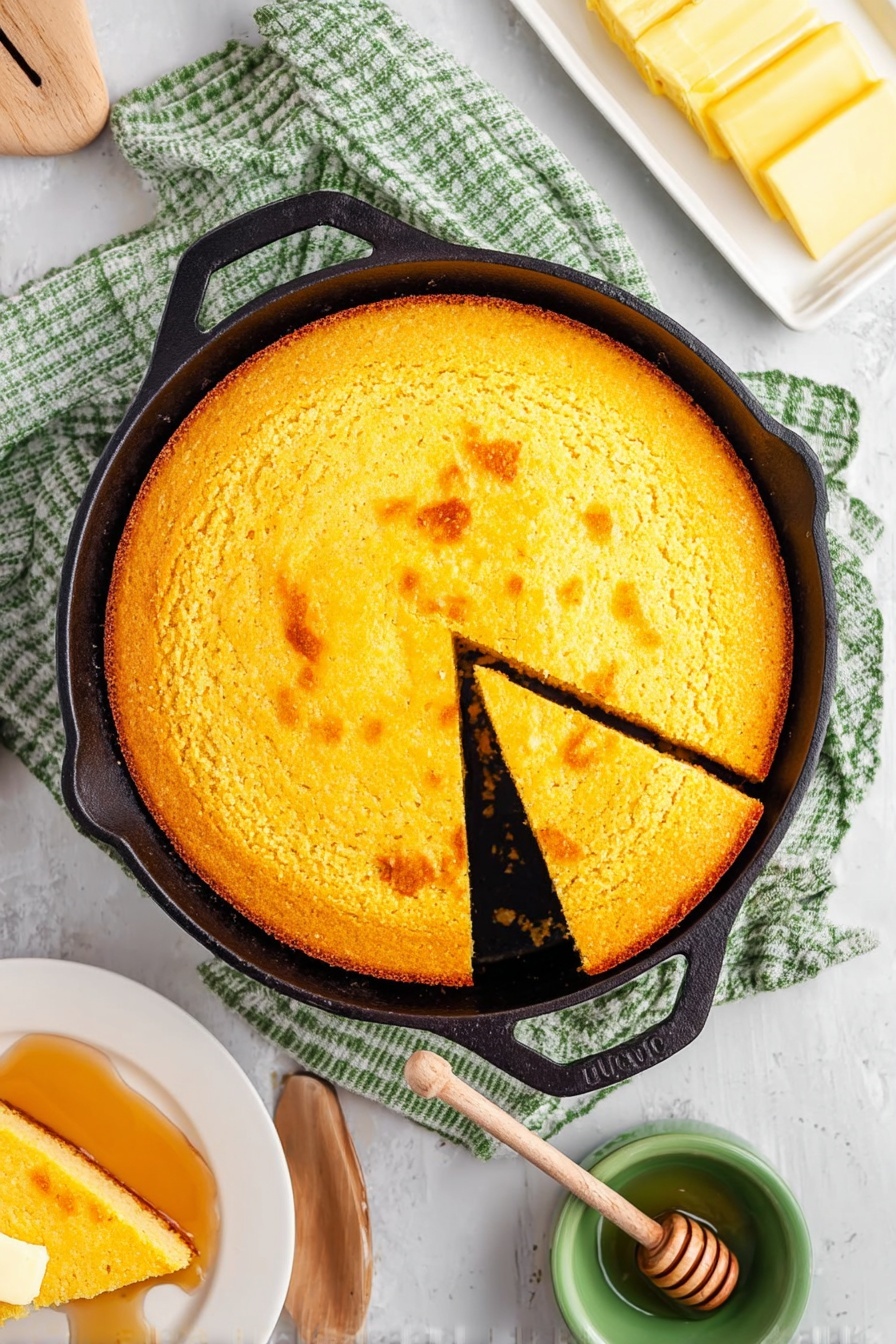 A golden yellow cornbread with a slightly crispy top is baked in a black cast iron pan and has one large triangular slice missing, showing a moist and soft inside texture. The cornbread's surface has a slight browning and uneven, rough texture. Nearby on a white marbled surface, a white plate holds a single slice of cornbread with a small square of butter melting on top. Next to the pan is a green and white checkered cloth, a small white rectangular dish with several pats of butter, and a small green cup with a wooden honey dipper inside. photo taken with an iphone --ar 2:3 --v 7