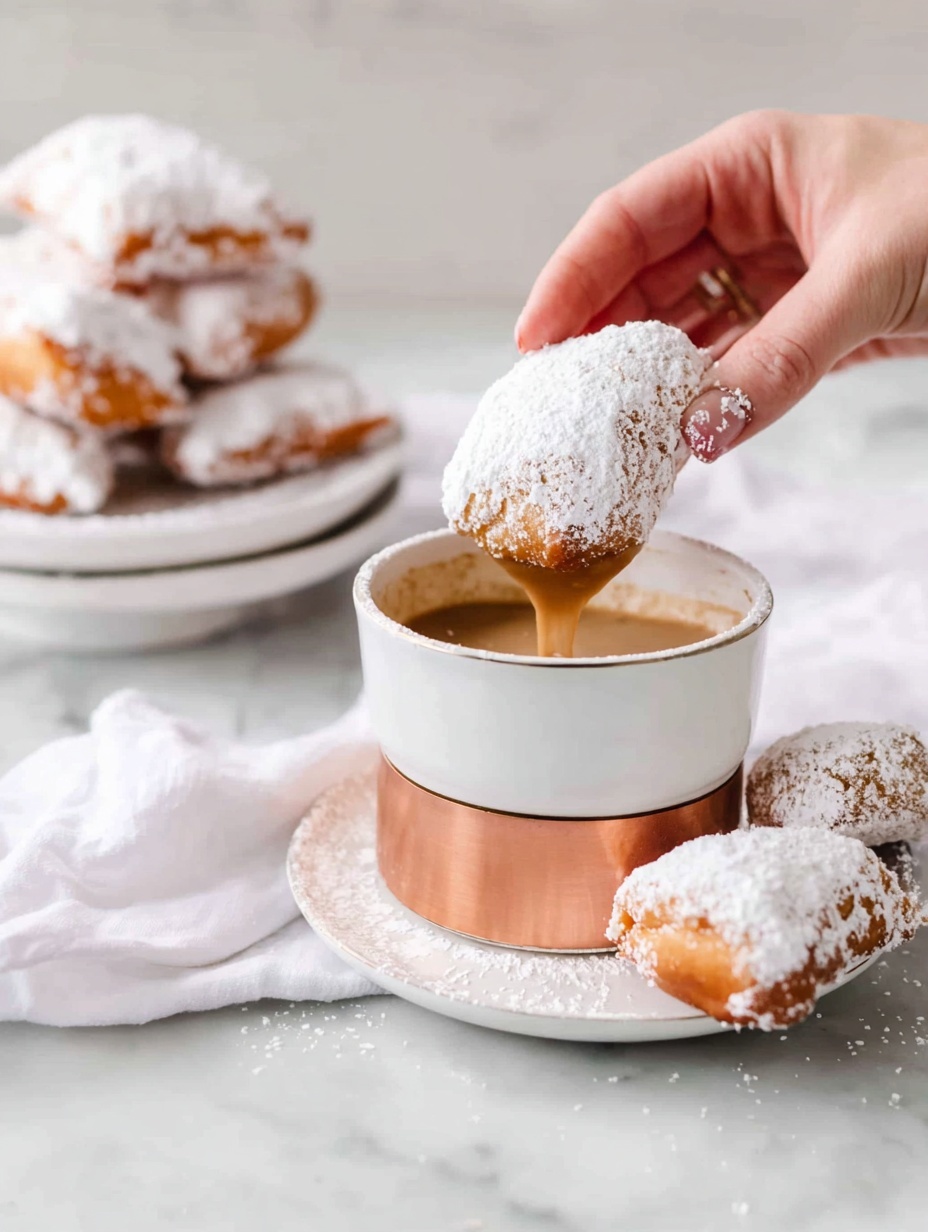 A woman's hand is dipping a powdered sugar-coated pastry piece into a small white cup filled with light brown coffee or caramel sauce. The cup sits on a white plate with a light brown base, which also holds three more powdered sugar-covered pastries. In the background, there is another white plate filled with more powdered sugar-coated pastries, and a white cloth napkin is placed nearby. The scene is set on a white marbled surface with soft natural lighting highlighting the texture of the powdered sugar and sauce. photo taken with an iphone --ar 2:3 --v 7