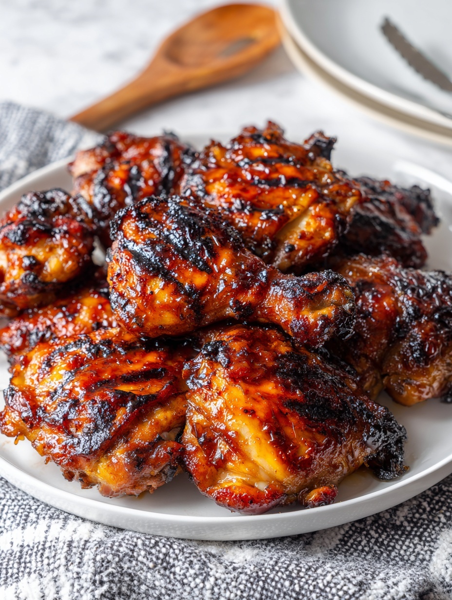 A white plate filled with about ten pieces of grilled chicken, each piece showing a dark brown caramelized glaze with grill marks and some slightly blackened edges, stacked thickly in the center. Next to it, a white bowl holds creamy macaroni salad with pale yellow macaroni covered in a light, creamy dressing and small bits of light orange and green vegetables sprinkled on top. The dishes are placed on a black and white patterned cloth on a white marbled surface. A wooden spoon with a smooth dark grain lies between the two dishes beside a pair of empty white plates. Photo taken with an iphone --ar 2:3 --v 7