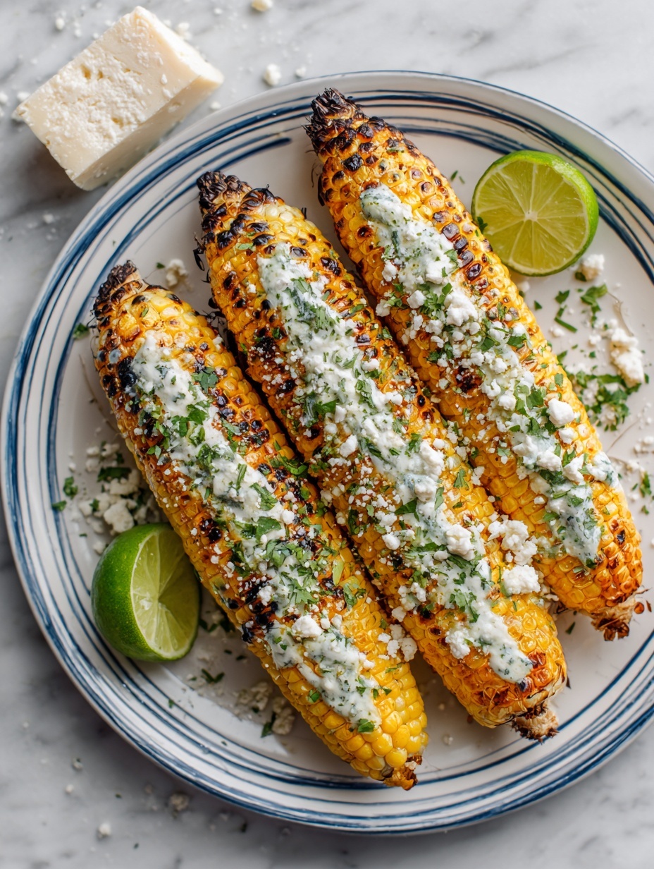 Three pieces of grilled corn on the cob lie side by side on a white oval plate with a thin blue rim. Each ear of corn has a charred, golden-yellow surface covered in a thick layer of white creamy sauce, sprinkled with white crumbly cheese and bright green chopped cilantro. At the top left of the plate, two pale chunks of cheese and a green lime wedge with a slightly textured surface rest. The plate is set on a white marbled surface. photo taken with an iphone --ar 2:3 --v 7