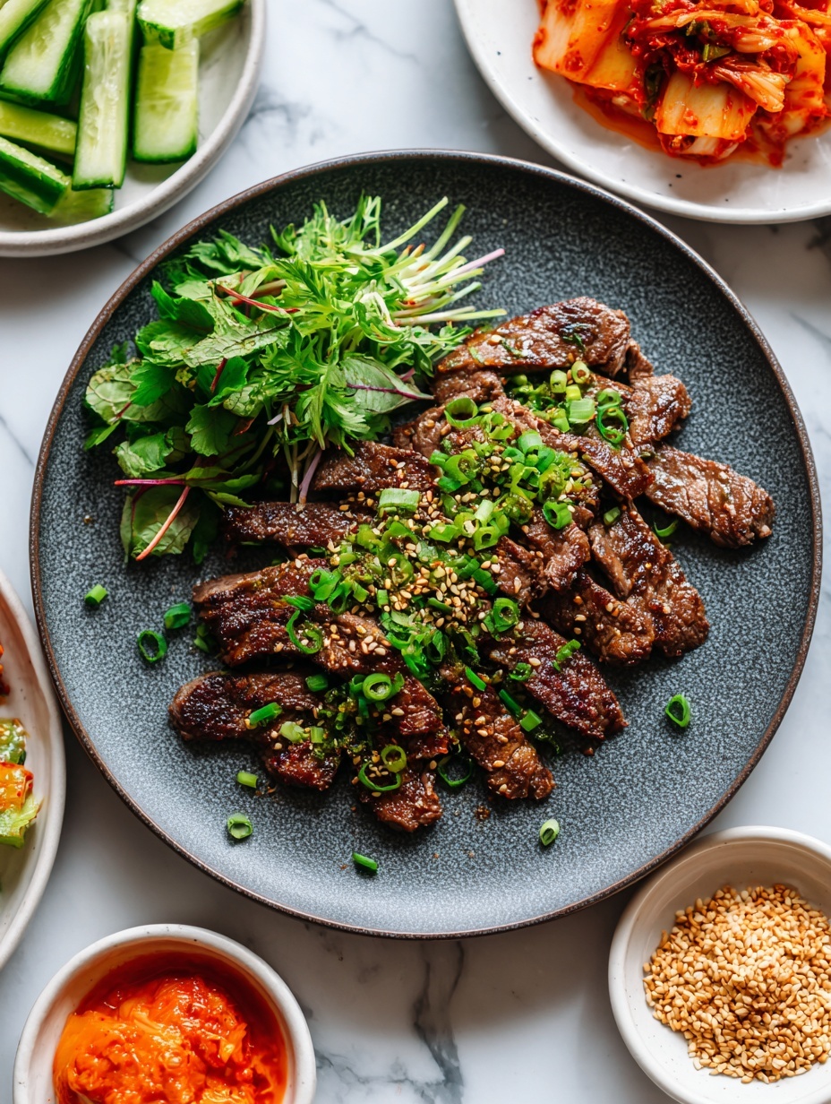 A large round black plate filled with several pieces of grilled meat, dark brown with char marks and sprinkled with white sesame seeds and green chopped scallions. On the left side of the plate, there are green leafy herbs and long, thin cucumber sticks. Surrounding the plate are small white bowls with red kimchi, a dark red chili sauce with seeds, and whole sesame seeds. The entire scene sits on a white marbled surface. Photo taken with an iphone --ar 2:3 --v 7