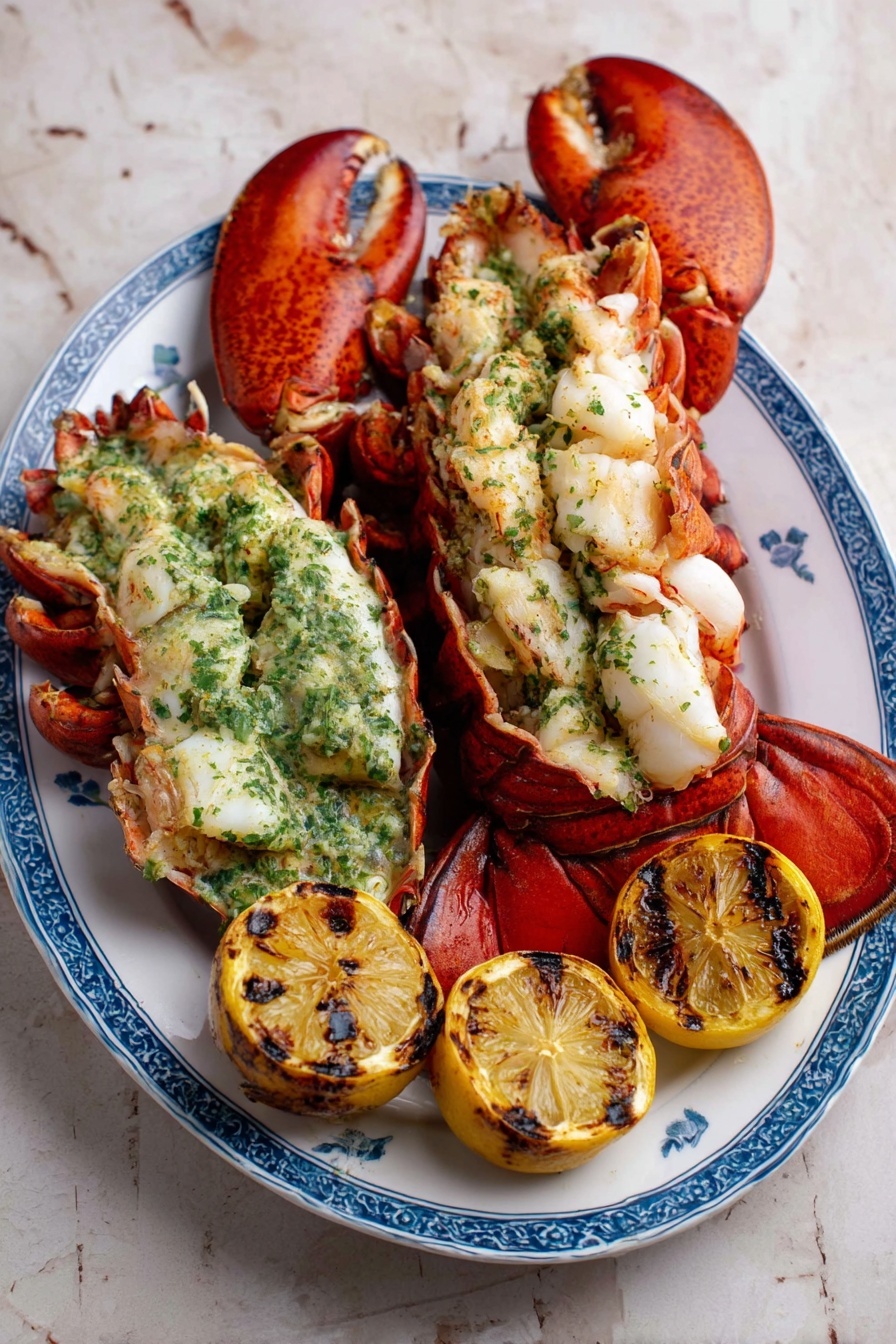 The image shows a white plate in the front holding a small pile of cooked lobster meat, broken into bite-sized pieces with a white and light pink color mixed with green herbs. Behind the plate, there is a white plate with blue edges that holds two lobster tails with red shells, one fully closed and one opened to show the white lobster meat inside. To the side of the lobster tails on the plate, there is a grilled lemon half with a charred surface. The background is a white marbled surface. photo taken with an iphone --ar 2:3 --v 7
