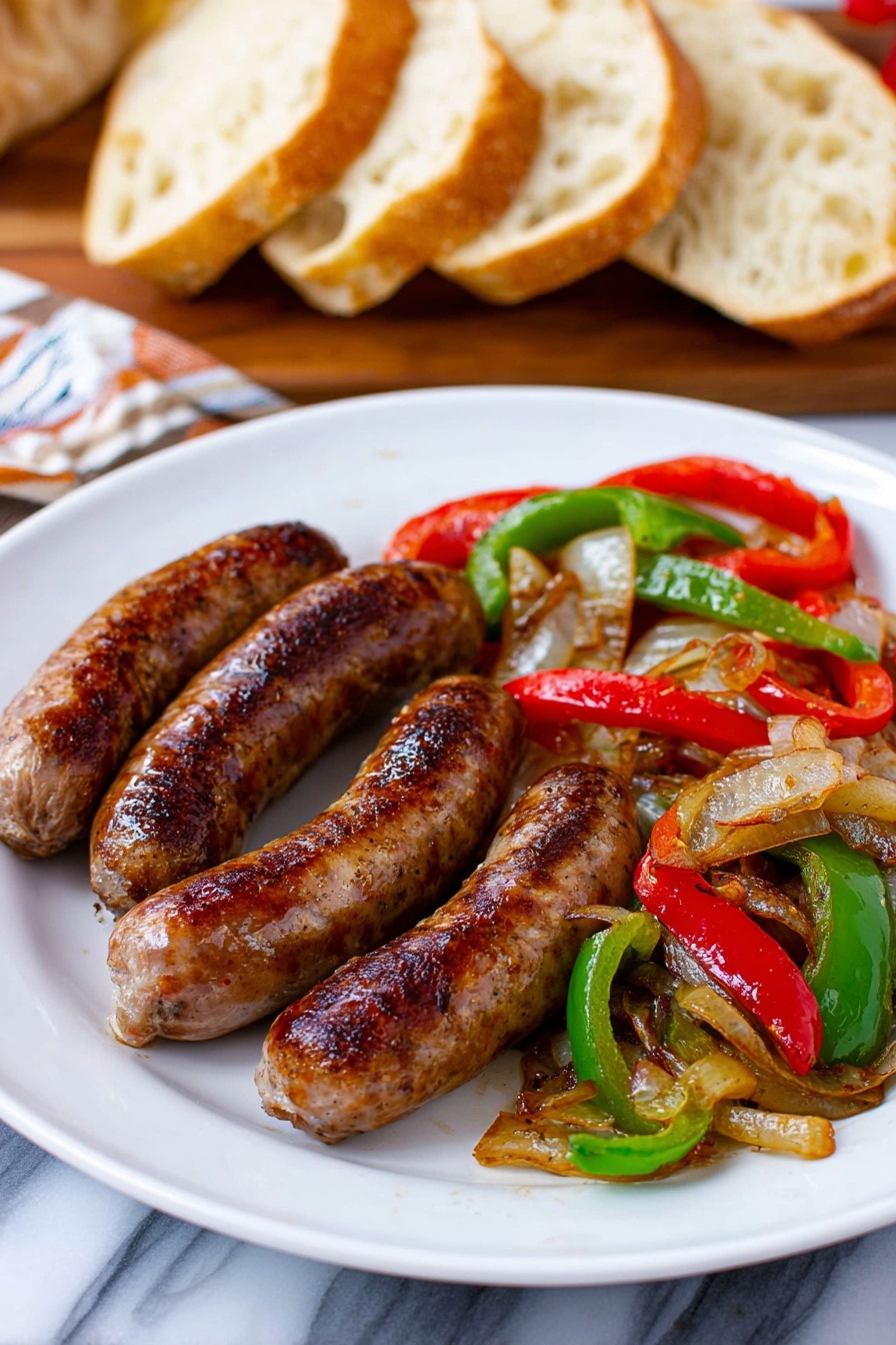 A white plate holds five cooked sausages arranged in a loose circle on the left side, each sausage has a shiny, browned, and slightly charred surface with textured grill marks. On the right side of the plate there is a colorful mix of sautéed vegetables made up of sliced green and red bell peppers and translucent cooked white onions, all showing some light browning and soft texture. In the background, there are pieces of baguette bread with a golden crust placed on a wooden board. The photo is taken on a white marbled surface with a blurred red and white patterned cloth near the plate. Photo taken with an iphone --ar 2:3 --v 7