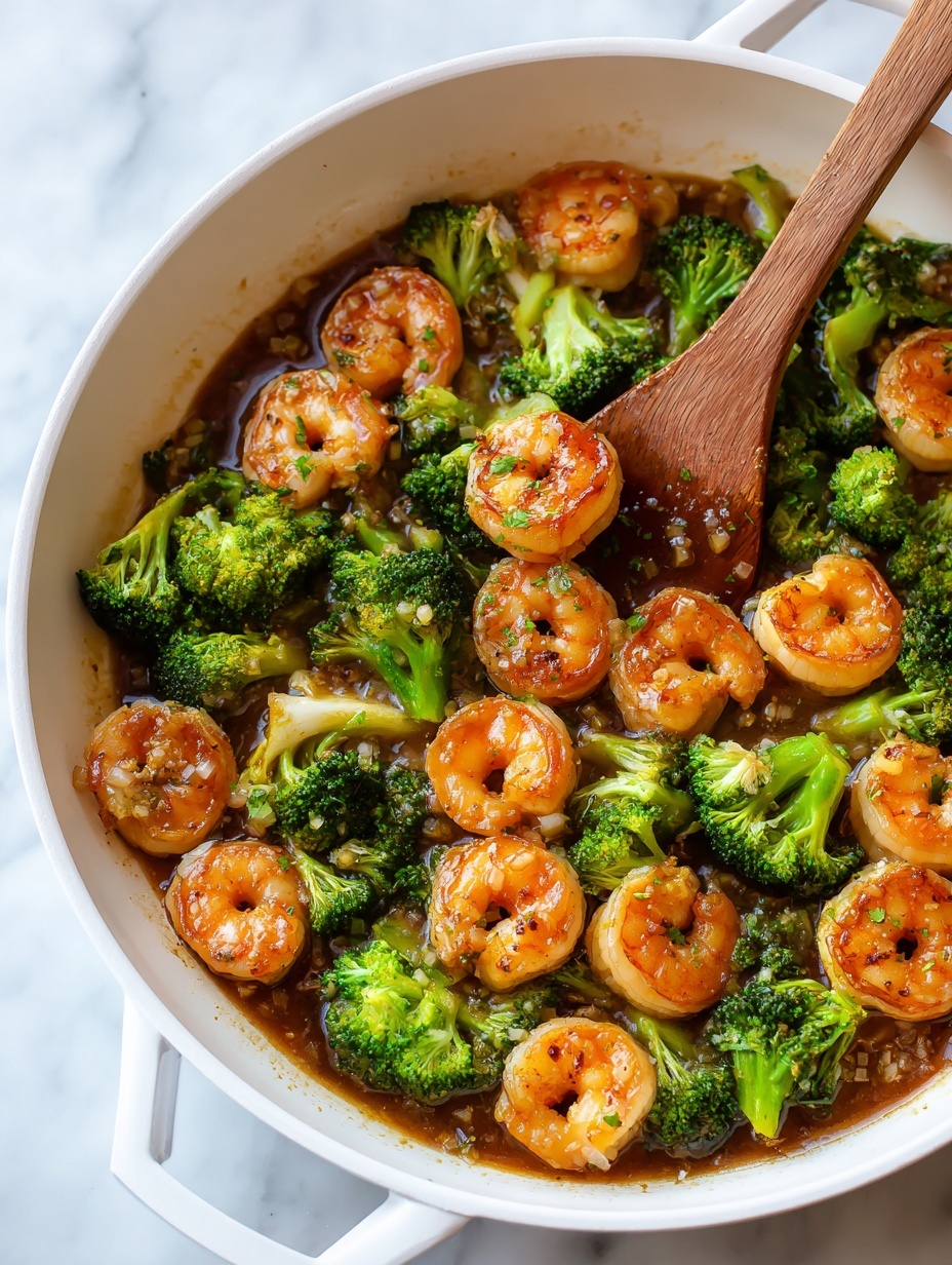 The image shows a close-up of a dish with large cooked shrimp that are orange and curled, mixed with bright green broccoli florets. The shrimp and broccoli are coated in a shiny, thick brown sauce with visible small bits of garlic or seasoning on the broccoli. A wooden spatula is scooping some of the shrimp and broccoli, giving a sense of freshness and action. The food is in a white bowl, with a white marbled surface in the background. The colors are vibrant and the textures are glossy and tender, showing the shrimp's smooth shells and the broccoli's rough surface. Photo taken with an iphone --ar 2:3 --v 7