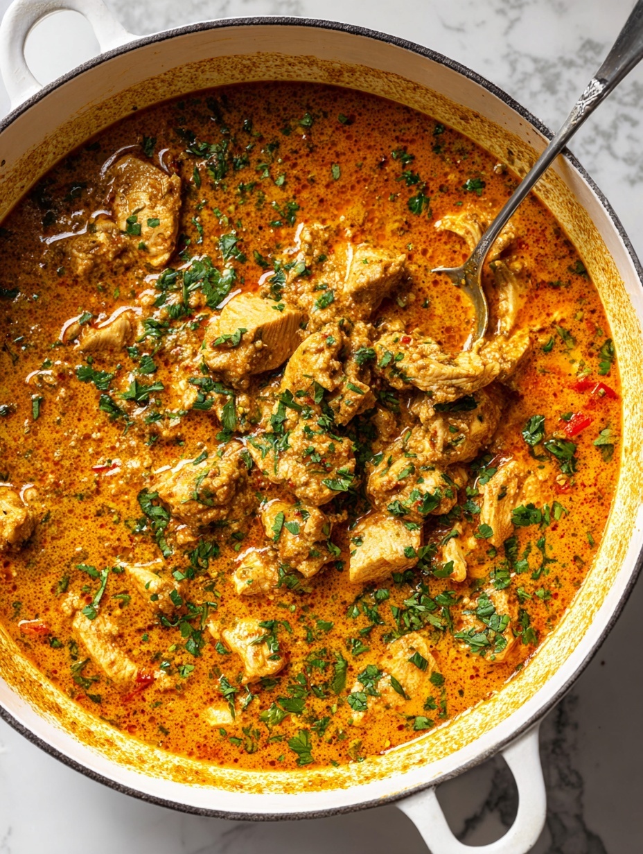 A close-up view of white rice forming a ring around the plate's edge, with golden-orange creamy chicken curry placed in the center. The curry has small green cilantro leaves scattered on top for garnish, adding a fresh contrast. The food is served on a white plate, sitting on a white marbled surface. A silver fork is placed resting on the right edge of the plate. photo taken with an iphone --ar 2:3 --v 7